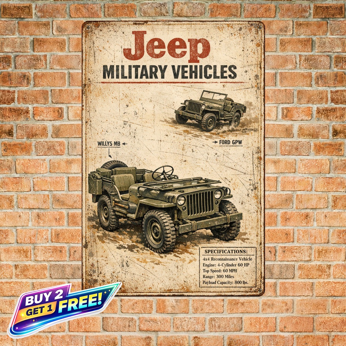 Willys Jeep 1962 Military Vehicle Vintage Aluminum Plaque Metal Wall Decor