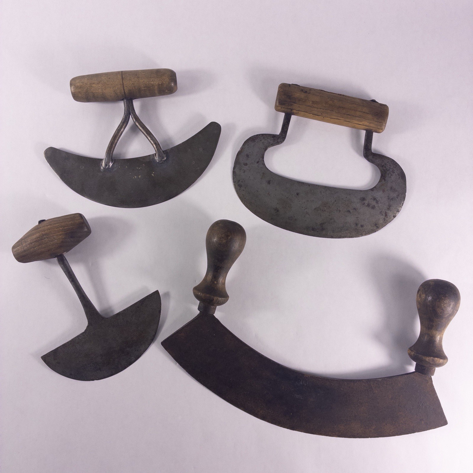 4 Antique 19th Century Hand Forged Steel Blade Food Choppers w/ Wood Handles Old