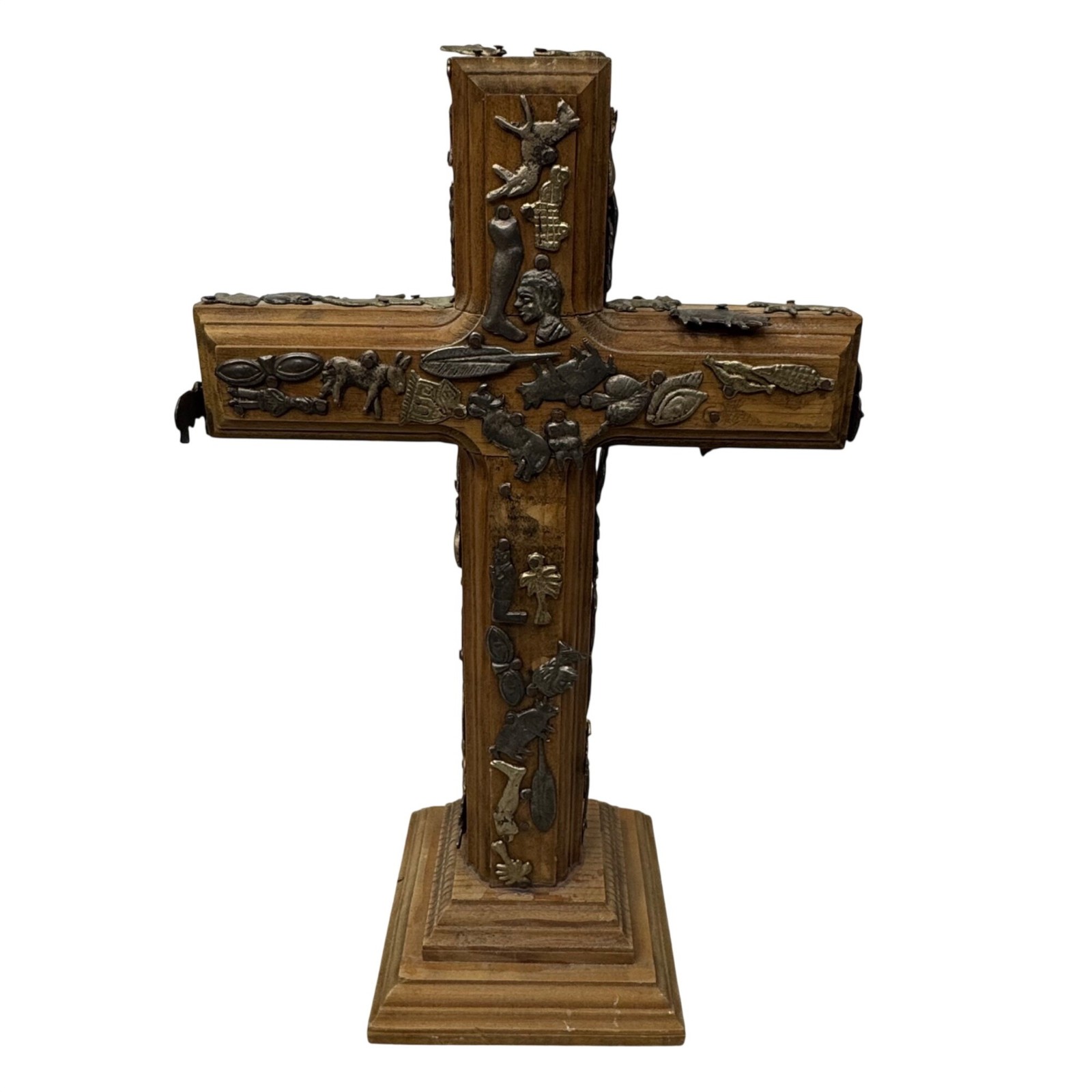 Handcrafted Wooden Milagros Cross Metal Religious Charms Pedestal Base 12" Vtg Handcrafted Wooden Milagros Cross Metal Religious Charms Pedestal Base 12" Vtg