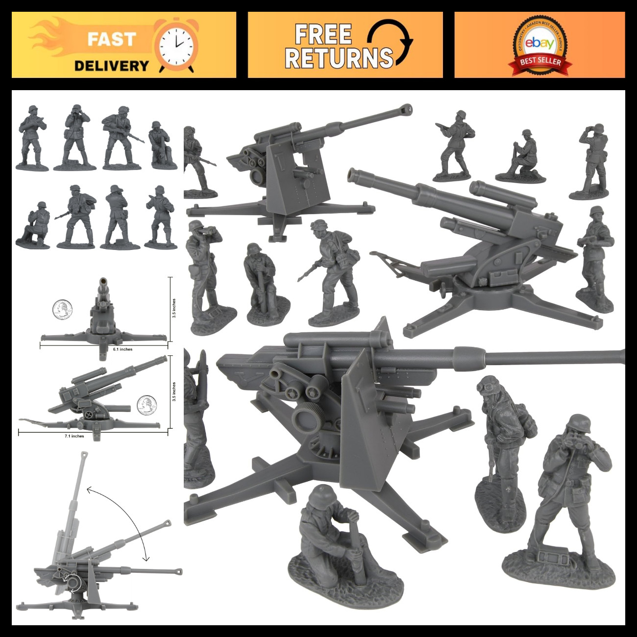 WW2 German 88mm Flak Artillery Set - 15pc Gray Army Men Figures & Accessories WW2 German 88mm Flak Artillery Set - 15pc Gray Army Men Figures & Accessories