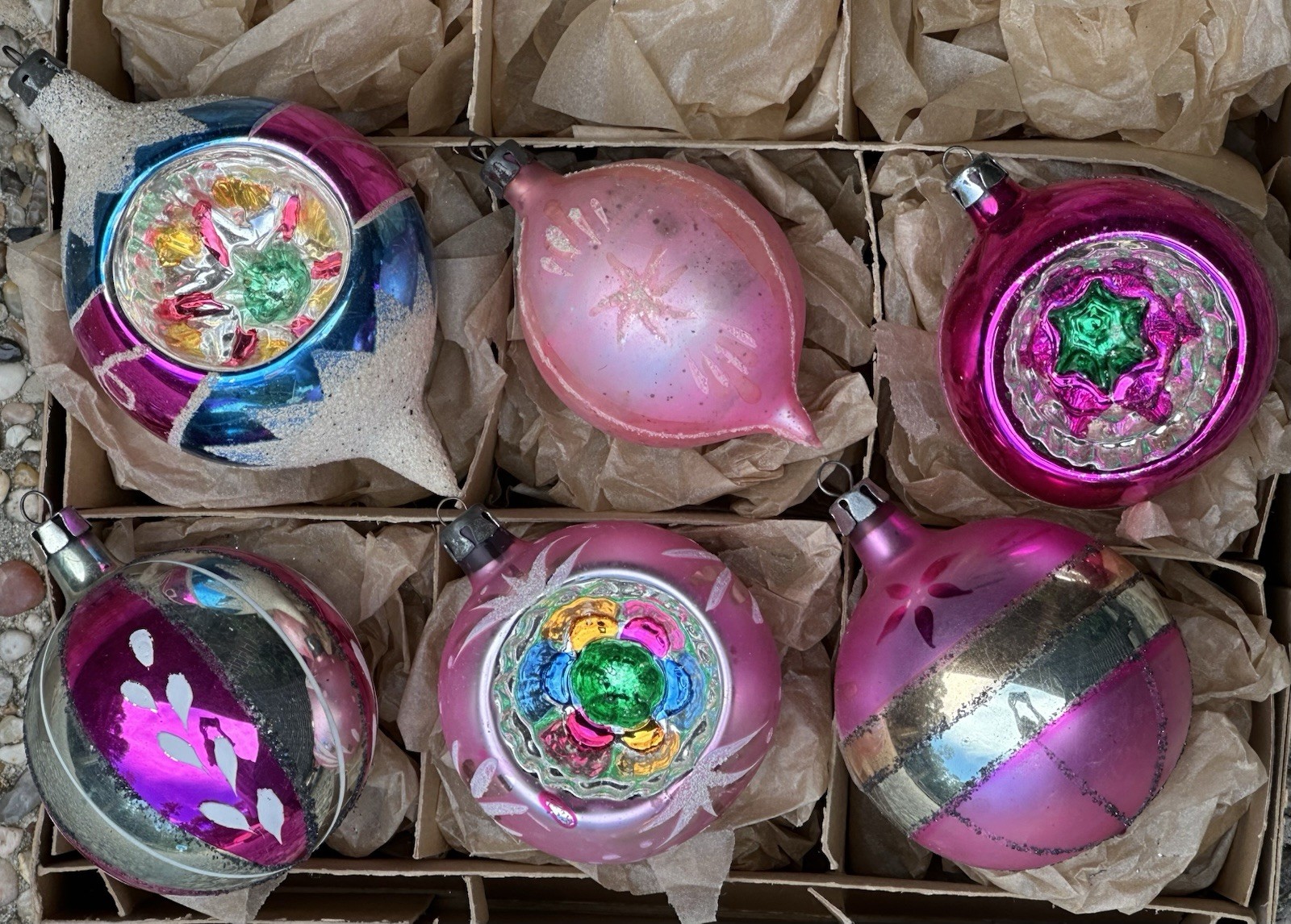 Vintage Poland Floral Stencil Indent Reflector Glass Ornaments Vintage Poland Floral Stencil Indent Reflector Glass Ornaments