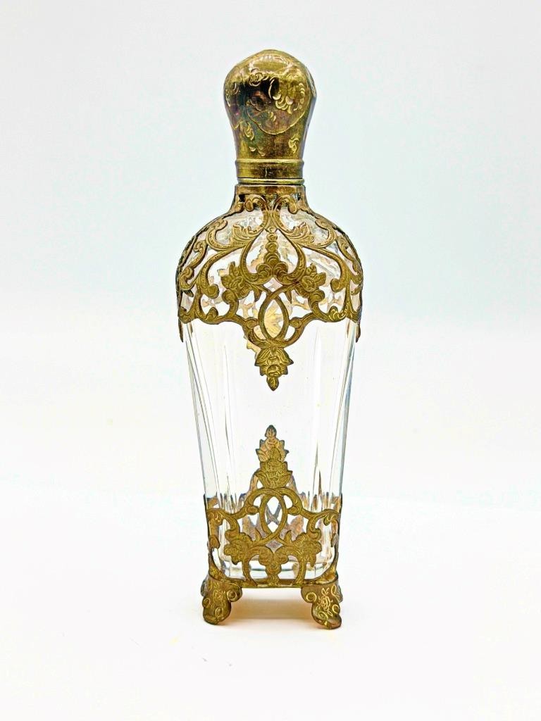 1800s Antique French Ornate Brass and Clear Cut Glass Perfume 1800s Antique French Ornate Brass and Clear Cut Glass Perfume
