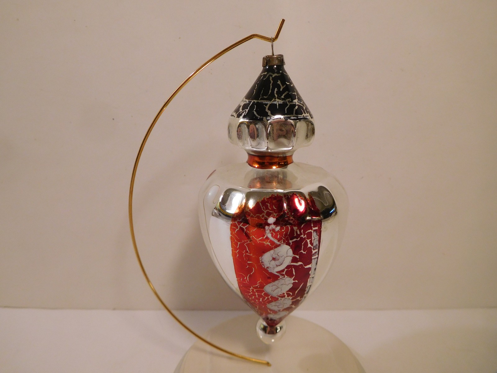 Vintage 5" Tall Glass Christmas Tree Ornament - Red & Black on Silver Vintage 5" Tall Glass Christmas Tree Ornament - Red & Black on Silver