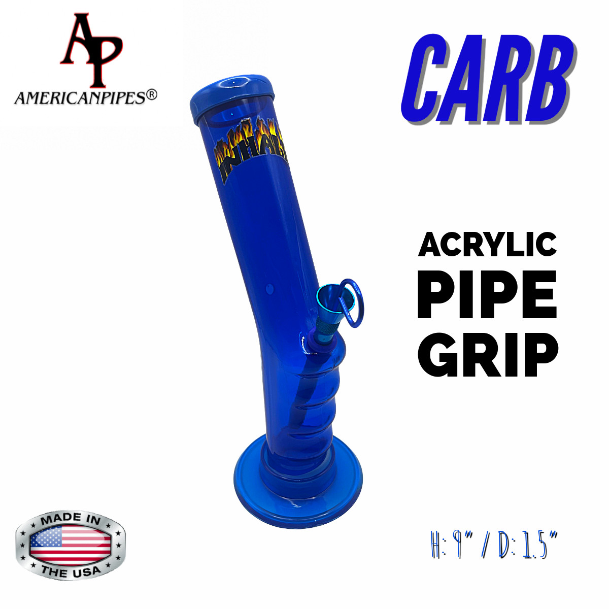 INHALE®️ 1.5"x9" GRIP ACRYLIC HOOKAH WATER PIPE WITH THUMB CARB  MADE IN THE USA