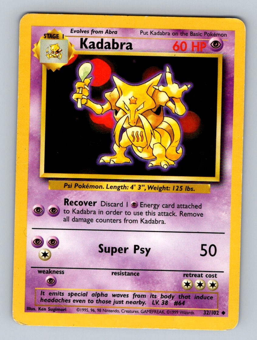 Pokemon TCG Kadabra Psychic BS 032/102 Uncommon 1999 Base Set