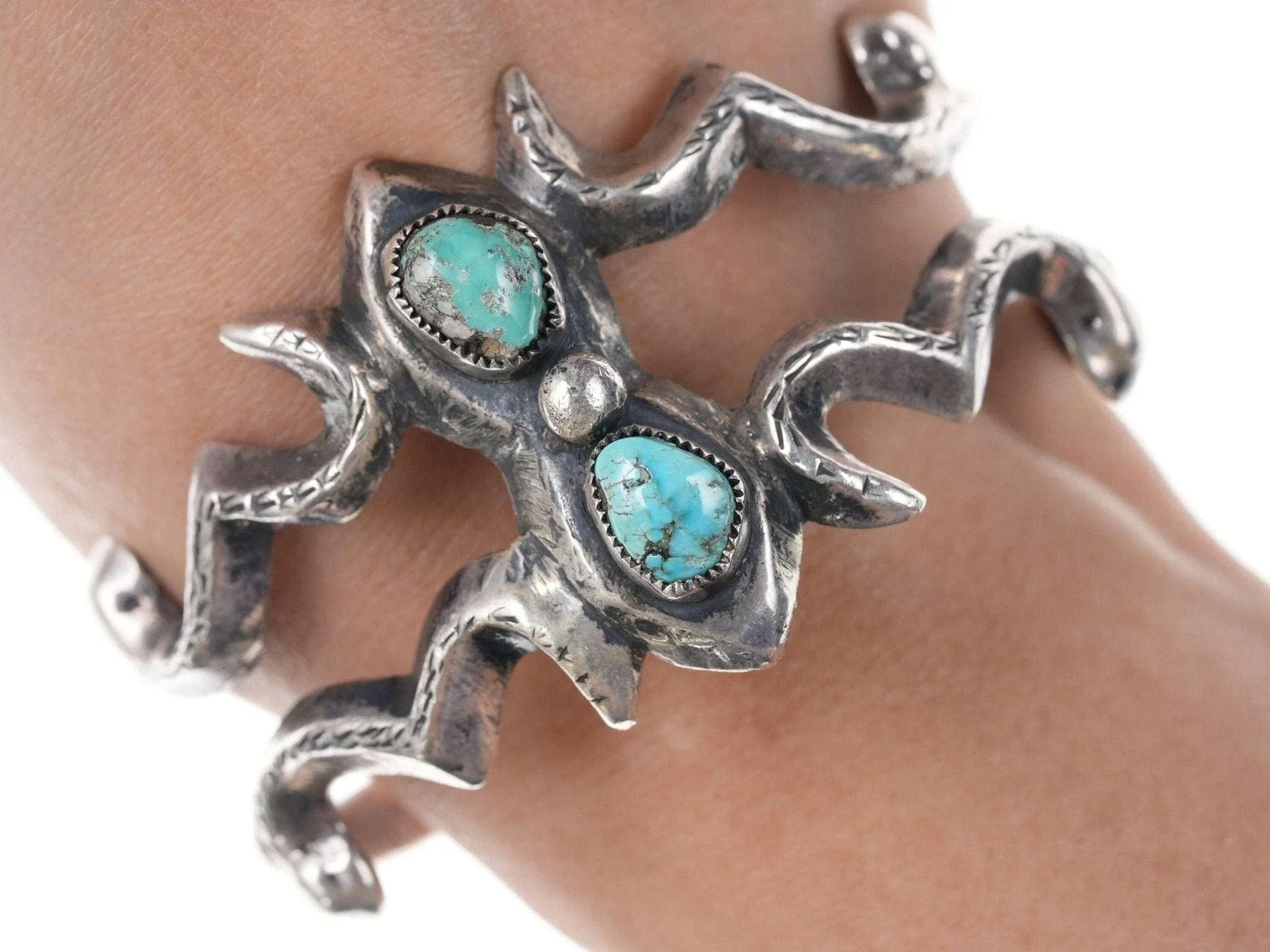 7" Nice Vintage Native American sterling silver/turquoise sandcast cuff bracelet 7" Nice Vintage Native American sterling silver/turquoise sandcast cuff bracelet