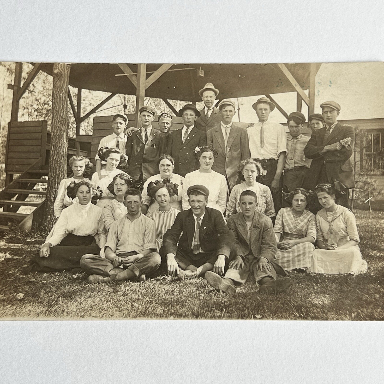 Antique RPPC Real Photograph Postcard Group Young Men & Women Outside Wonderful Antique RPPC Real Photograph Postcard Group Young Men & Women Outside Wonderful