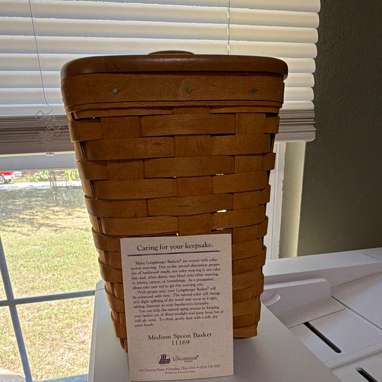 Longaberger Medium Spoon Storage Basket w/ Lid Brown Wood Square Woven Longaberger Medium Spoon Storage Basket w/ Lid Brown Wood Square Woven