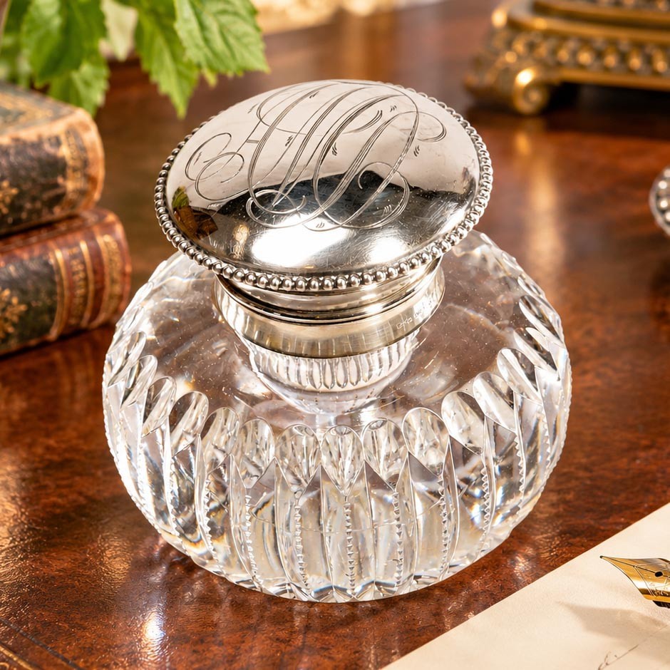 Brilliant Large Antique Cut Crystal Paperweight Inkwell with Sterling Silver Brilliant Large Antique Cut Crystal Paperweight Inkwell with Sterling Silver