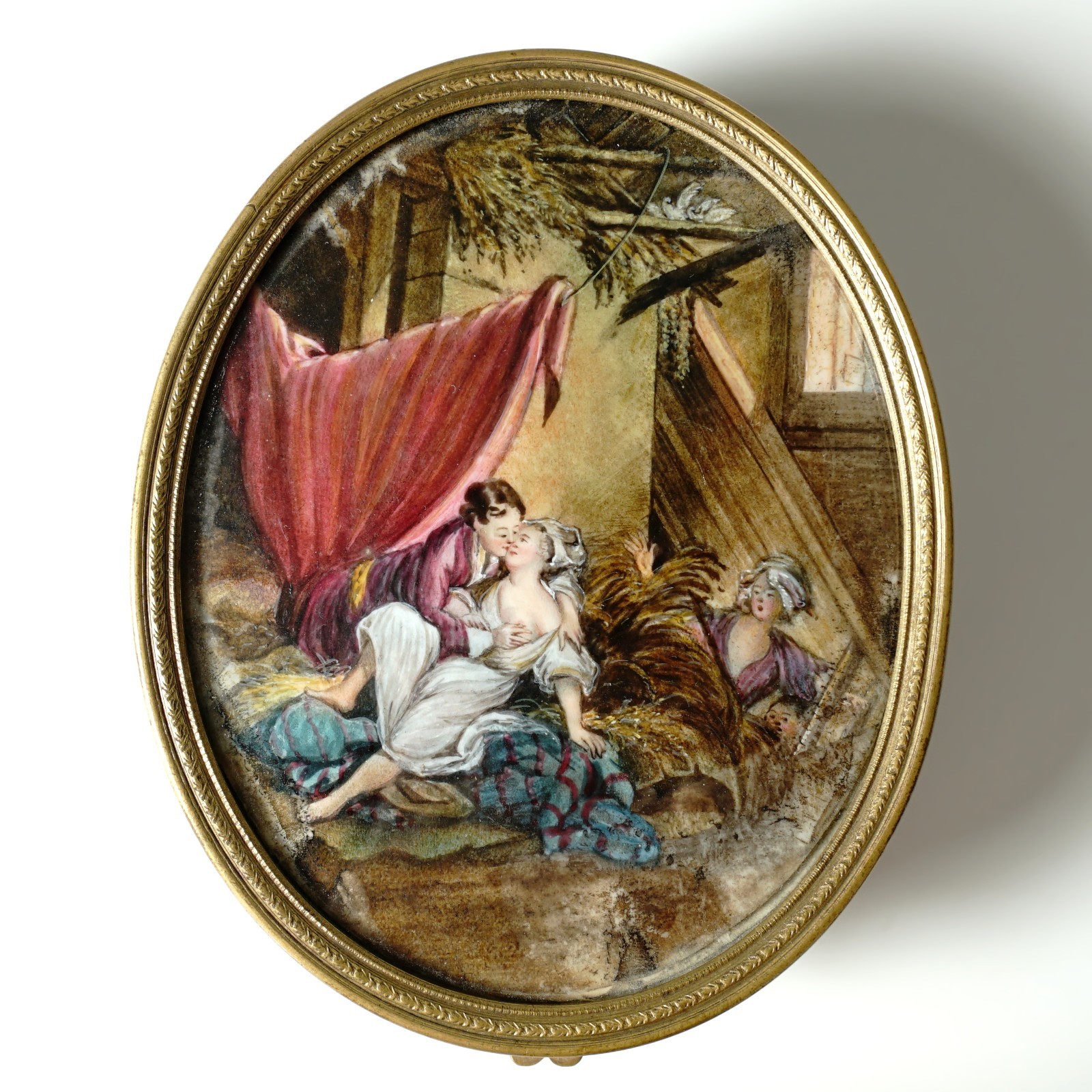 Antique French Miniature Portrait Bronze Jewelry Box, Painting of Lovers