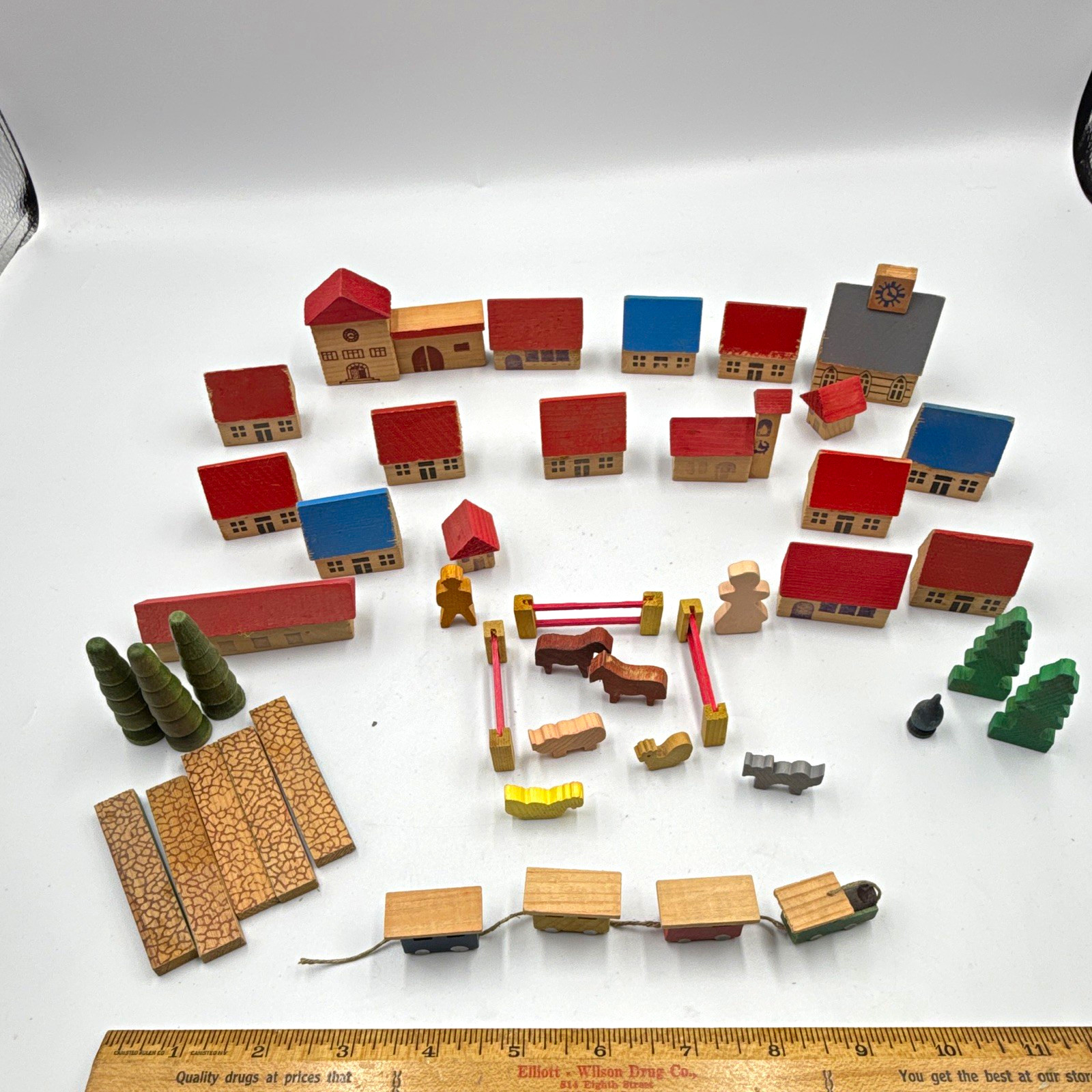 Vintage German Erzgebirge Wooden Miniature Village Toy Set Putz House Train Lot