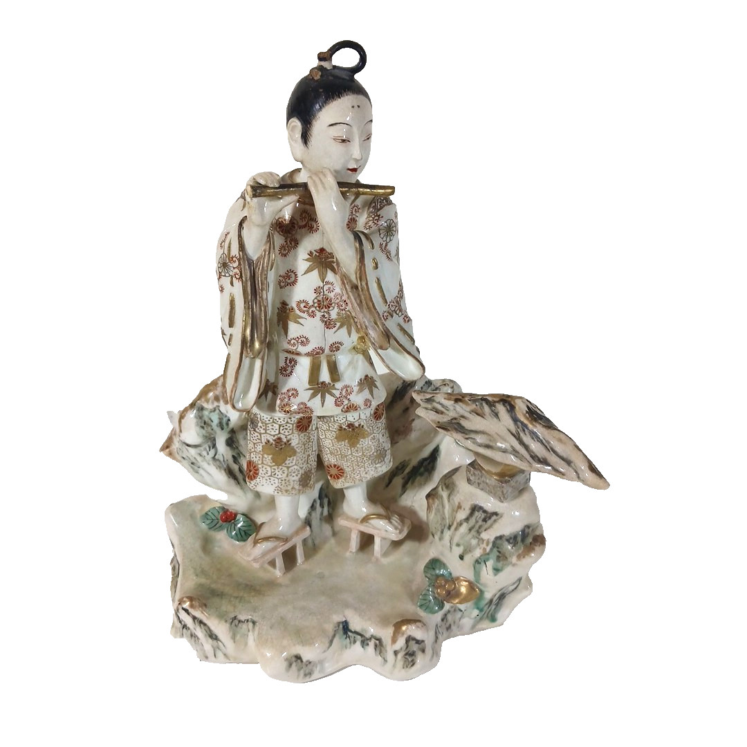 Antique Japanese Satsuma Porcelain Standing Woman Bijin with Flute Figure