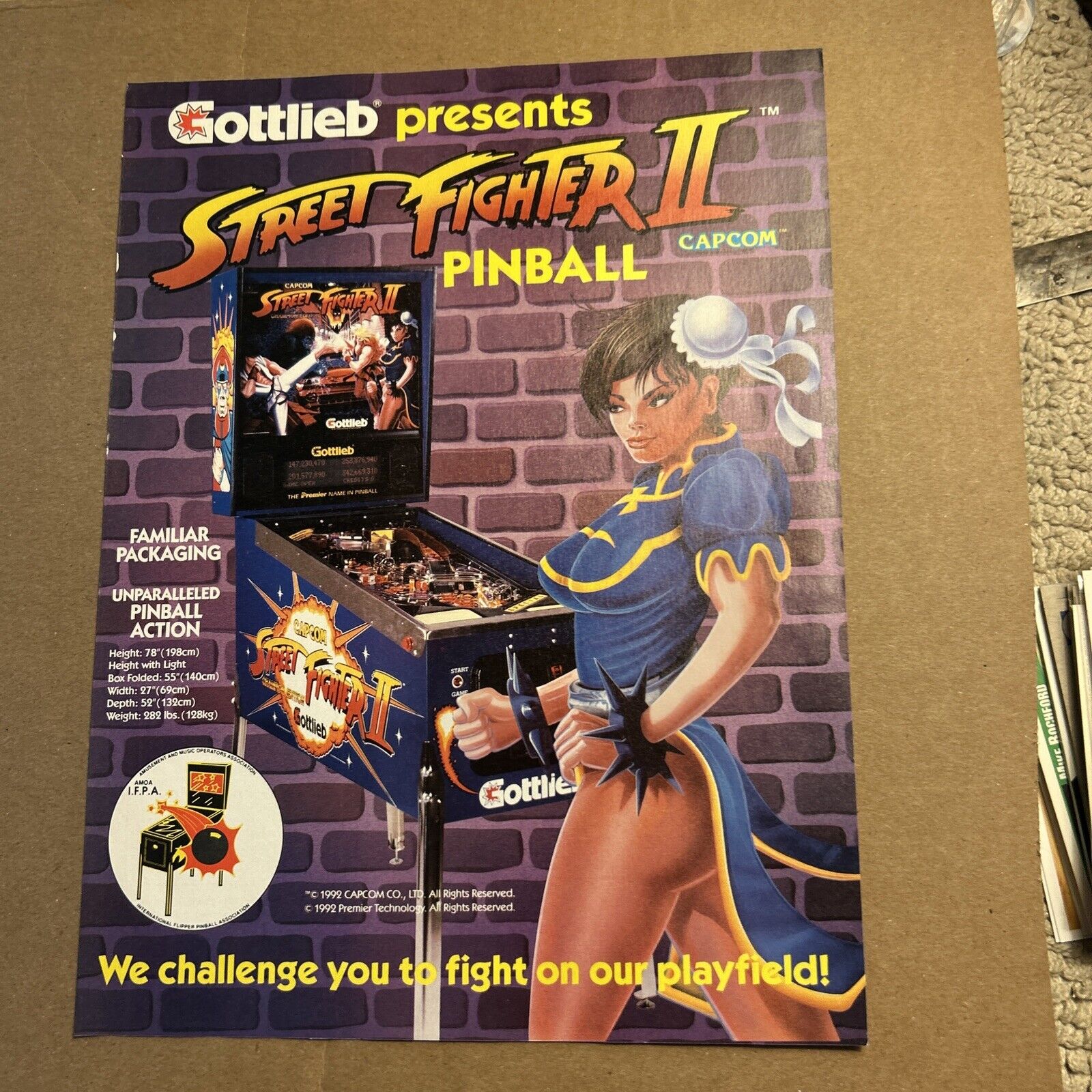 11-8” original 1993 Gottlieb Street fighter 2 pinball arcade game FLYER AD