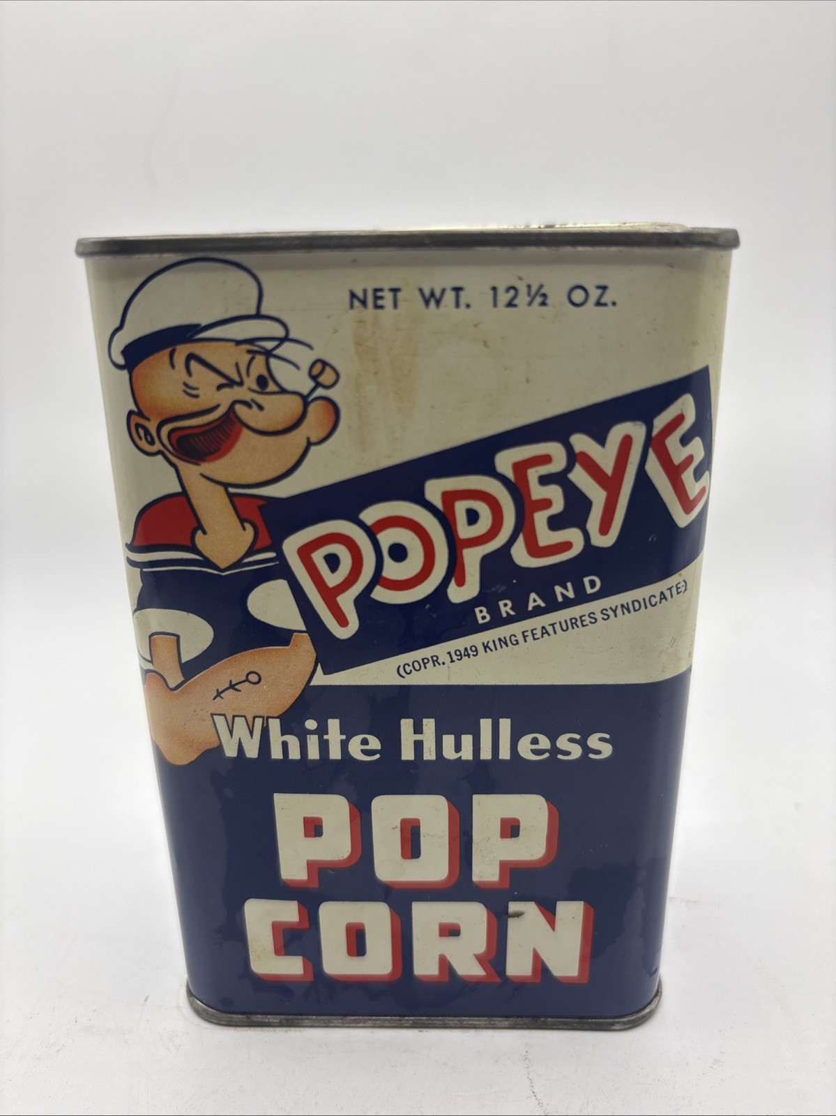 Vtg 1949 Popeye White Hulless Popcorn Tin Can 12.5 Oz  Empty Prop Advertising