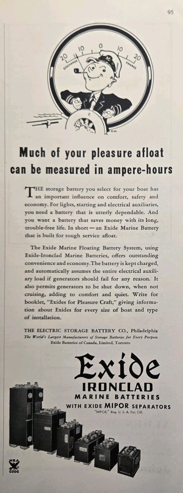 Exide Ironclad Marine Batteries Print Ad 1935 Pleasure Afloat Measured Amp-Hours Exide Ironclad Marine Batteries Print Ad 1935 Pleasure Afloat Measured Amp-Hours