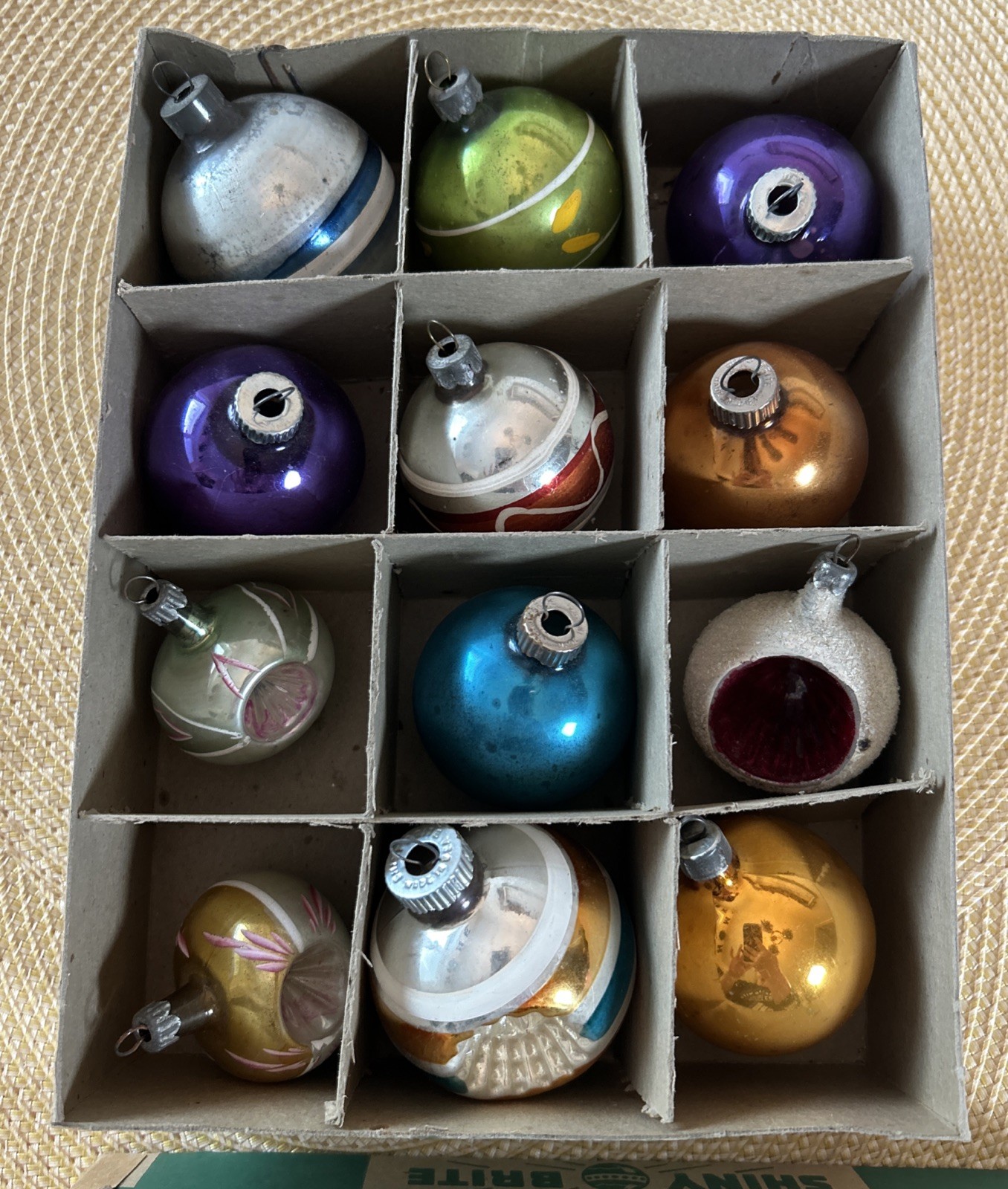 VTG Original Box 12 Shiny Brite Mercury Glass Christmas Ornaments Indent Stripes VTG Original Box 12 Shiny Brite Mercury Glass Christmas Ornaments Indent Stripes