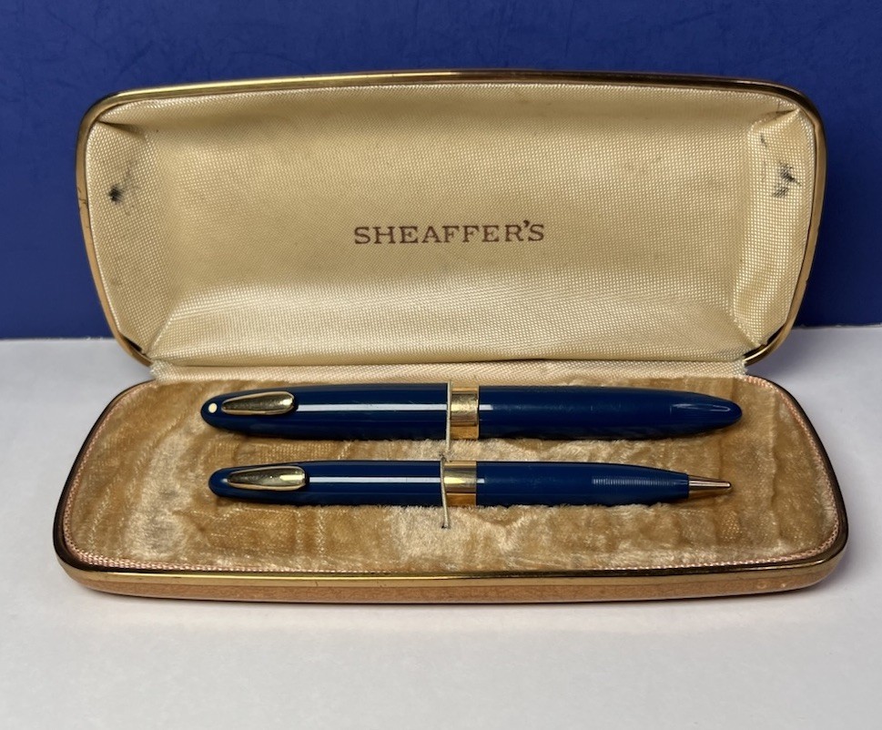 Vintage Sheaffer Tuckaway Fountain Pen Pencil Set Persian Blue 14k Triumph Nib