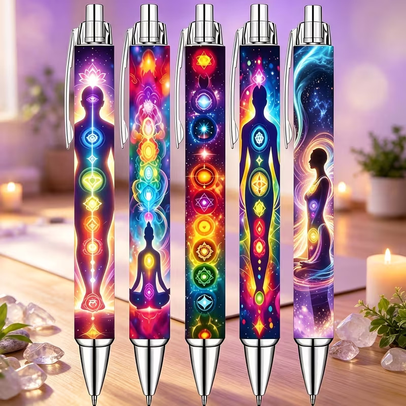 Set of 5 Rainbow Chakra Energy Printed Ballpoint Pens Set of 5 Rainbow Chakra Energy Printed Ballpoint Pens