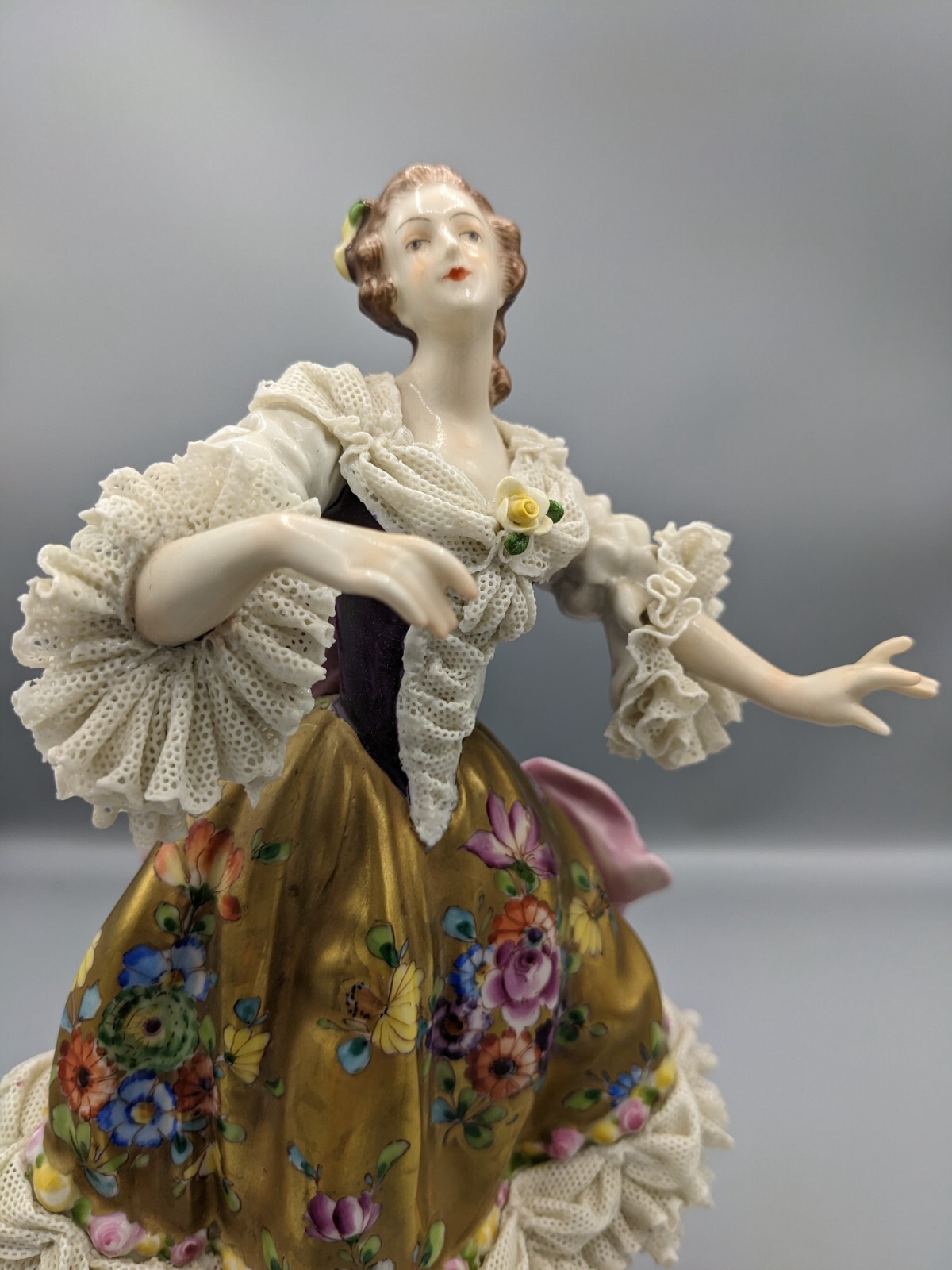 Vintage Large German Volkstedt Porcelain Lace Figurine Dancer in Golden Dress 9"
