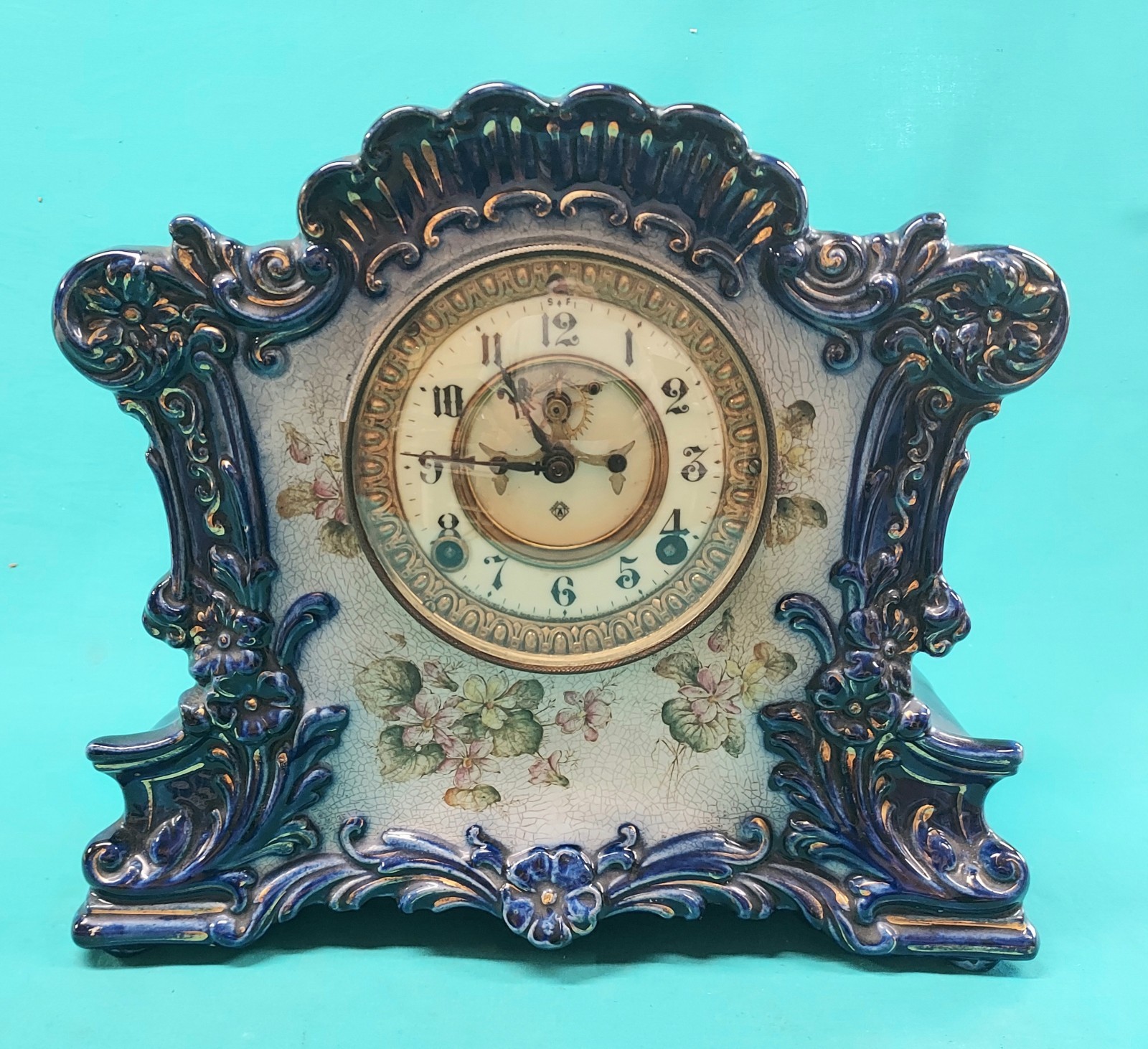 Antique ANSONIA "ROMANCE" Open Escapment Cobalt Blue Porcelain Mantle Clock Antique ANSONIA "ROMANCE" Open Escapment Cobalt Blue Porcelain Mantle Clock