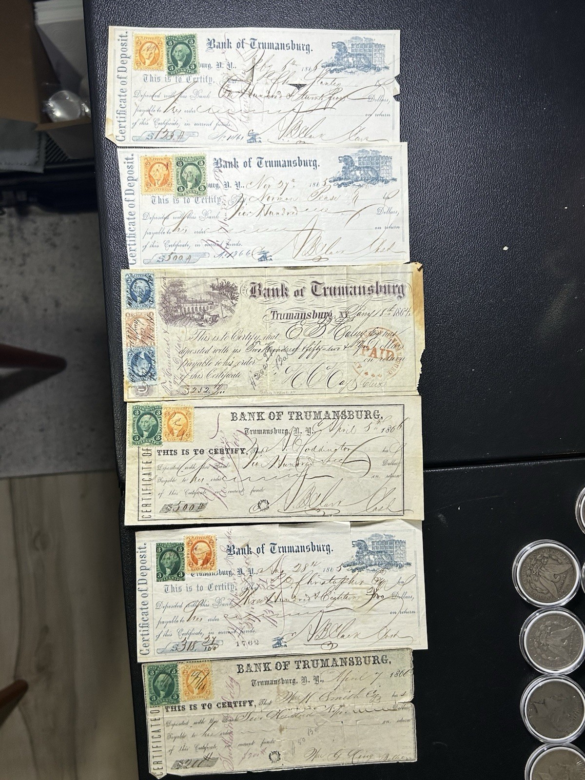 These are six original, 1860s certificates of deposits Multiple banks. These are six original, 1860s certificates of deposits Multiple banks.