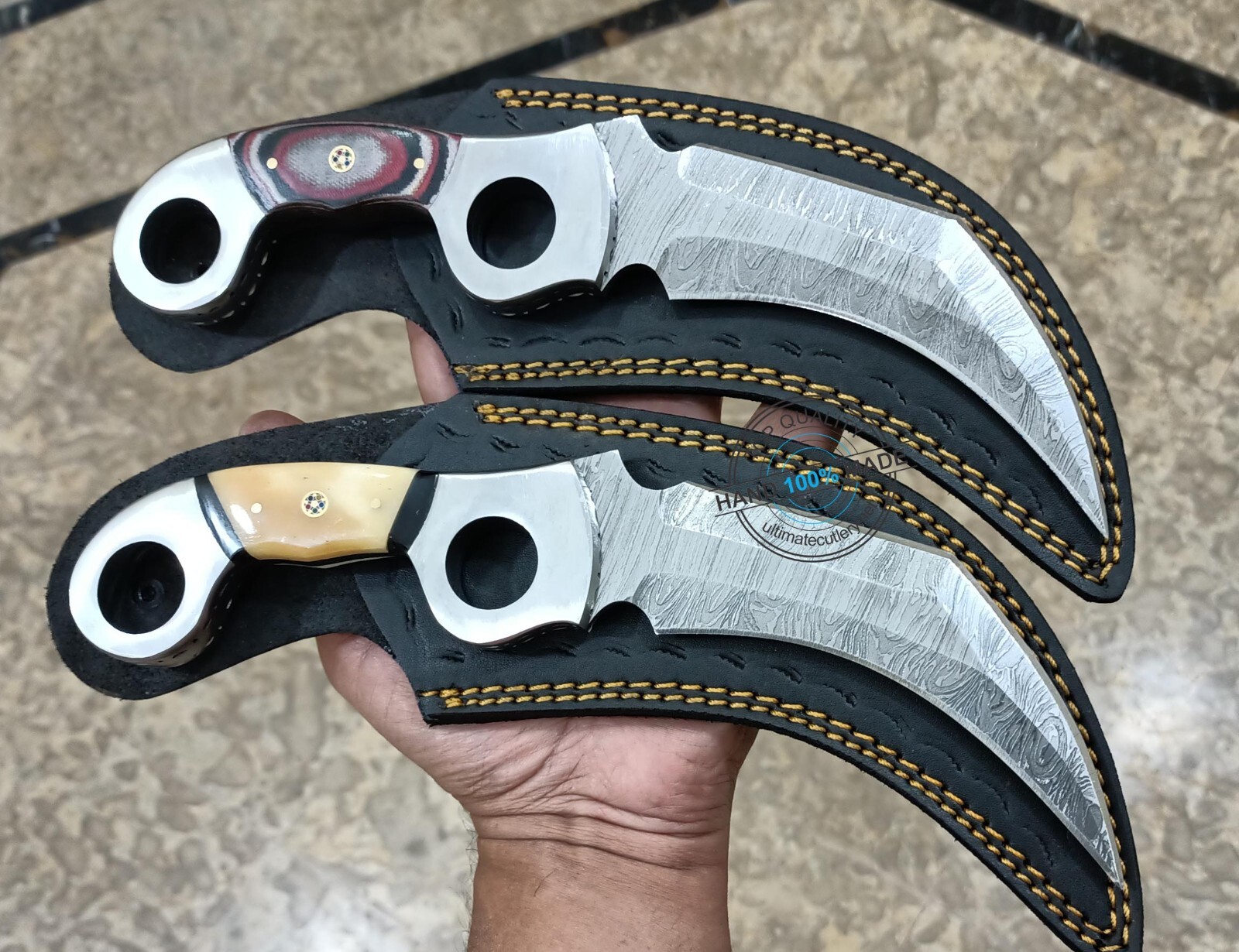 2 sets of 2 pcs of Custom Made Damascus steel Double Edge Karambit Knife 2 sets of 2 pcs of Custom Made Damascus steel Double Edge Karambit Knife