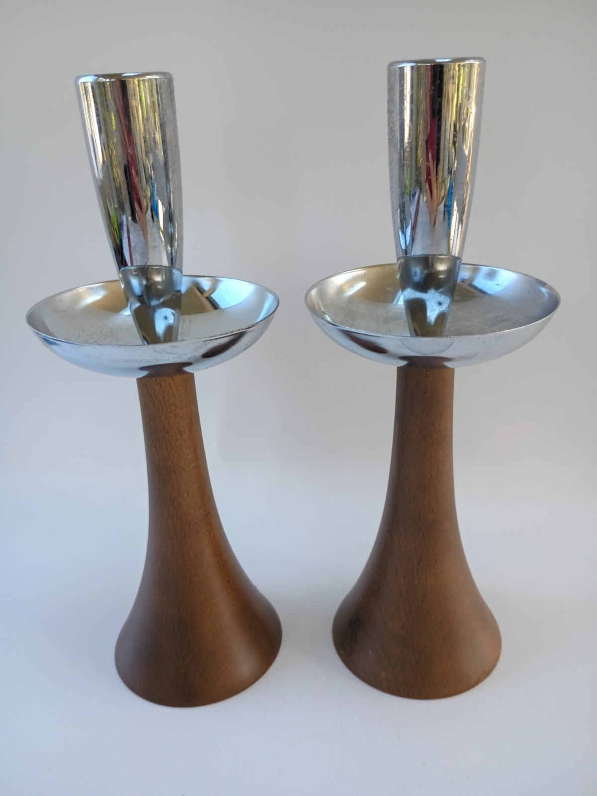 Pair Vtg Danish Modern Style Candlestick Holders Wood & Chrome 9” MCM