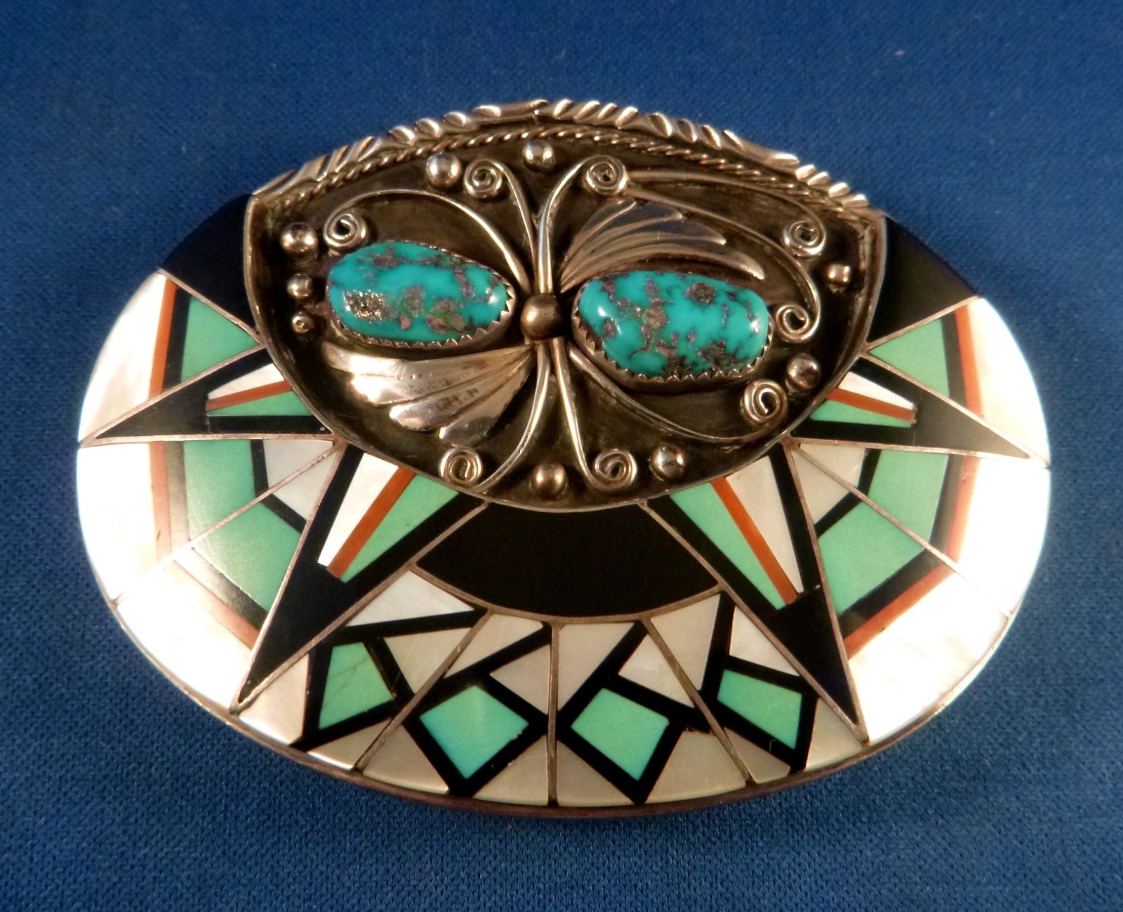 3.2" Vtg ZUNI Sterling Silver Inlay BELT BUCKLE SIGNED Edward Villa 59g 3.2" Vtg ZUNI Sterling Silver Inlay BELT BUCKLE SIGNED Edward Villa 59g
