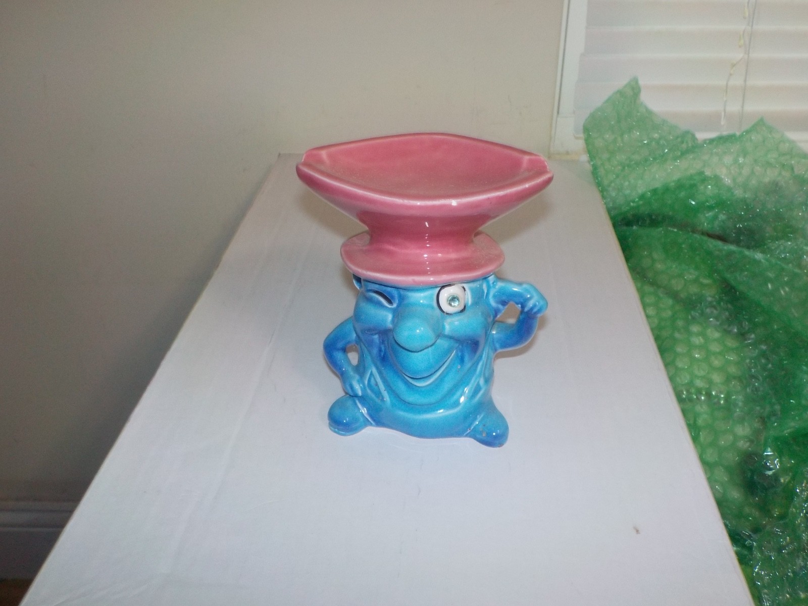 Vintage 1960's Kreiss Psycho Ceramics Blue Winking Figure Ashtray w/ Rhinestone