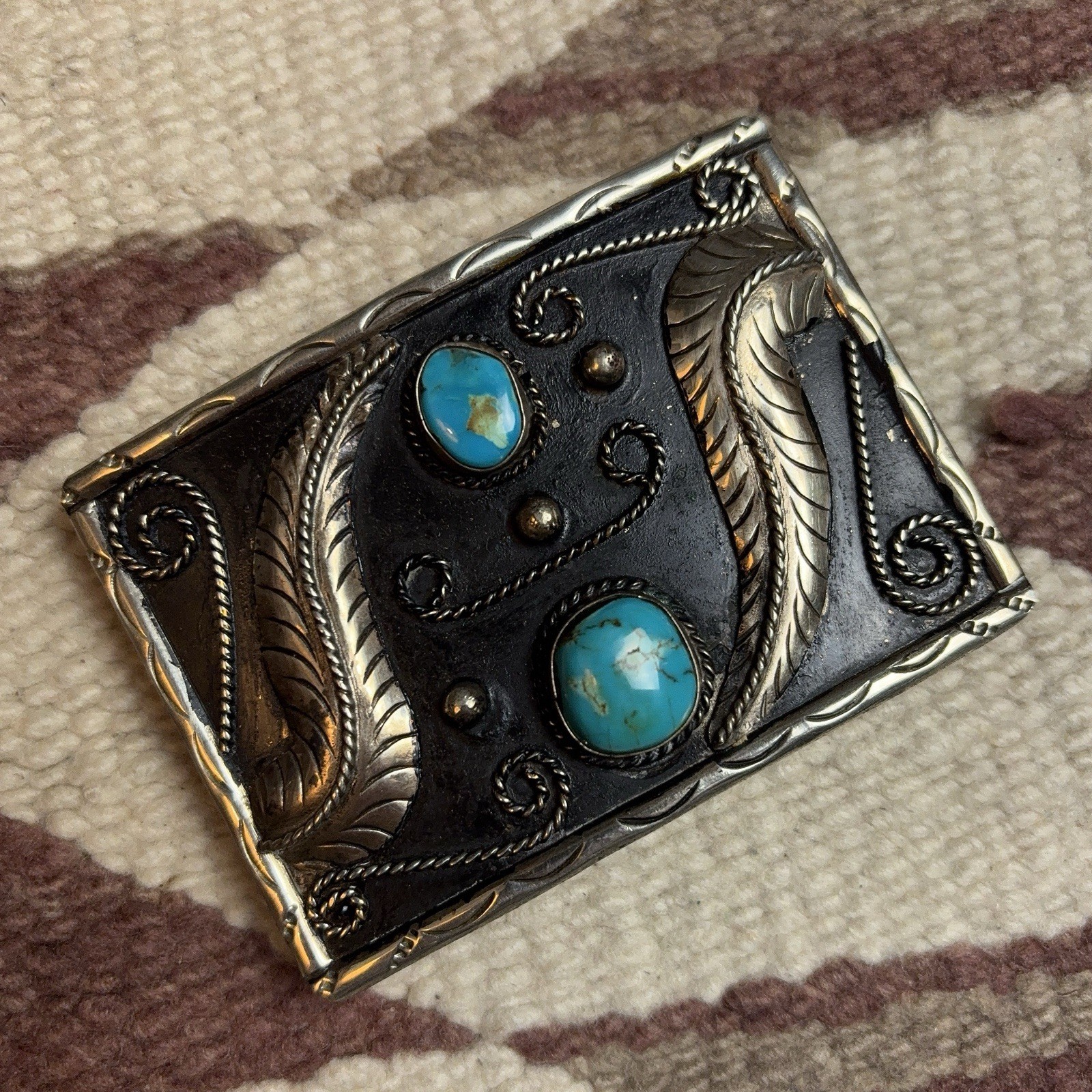 Vintage Navajo Sterling Silver Turquoise Belt Buckle Old Pawn
