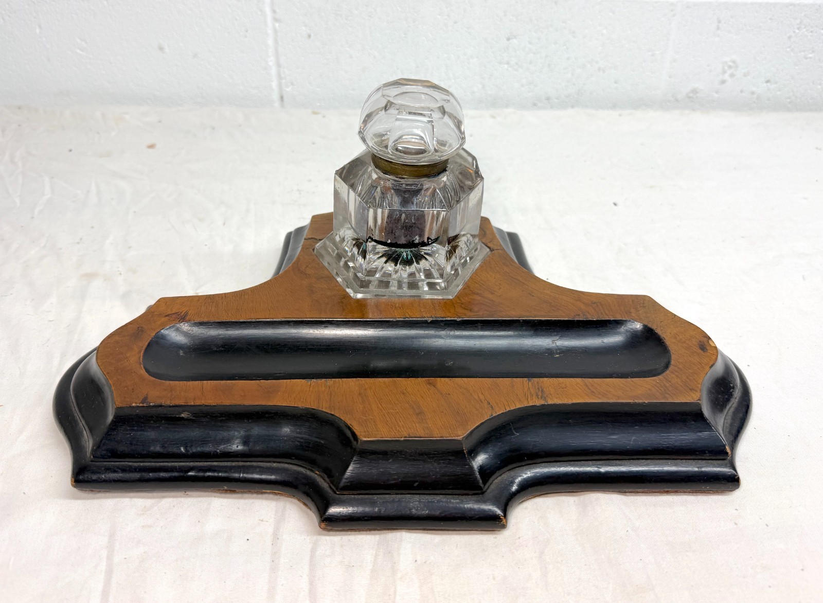 Antique 19th century handmade European wood glass inkwell pen holder stand