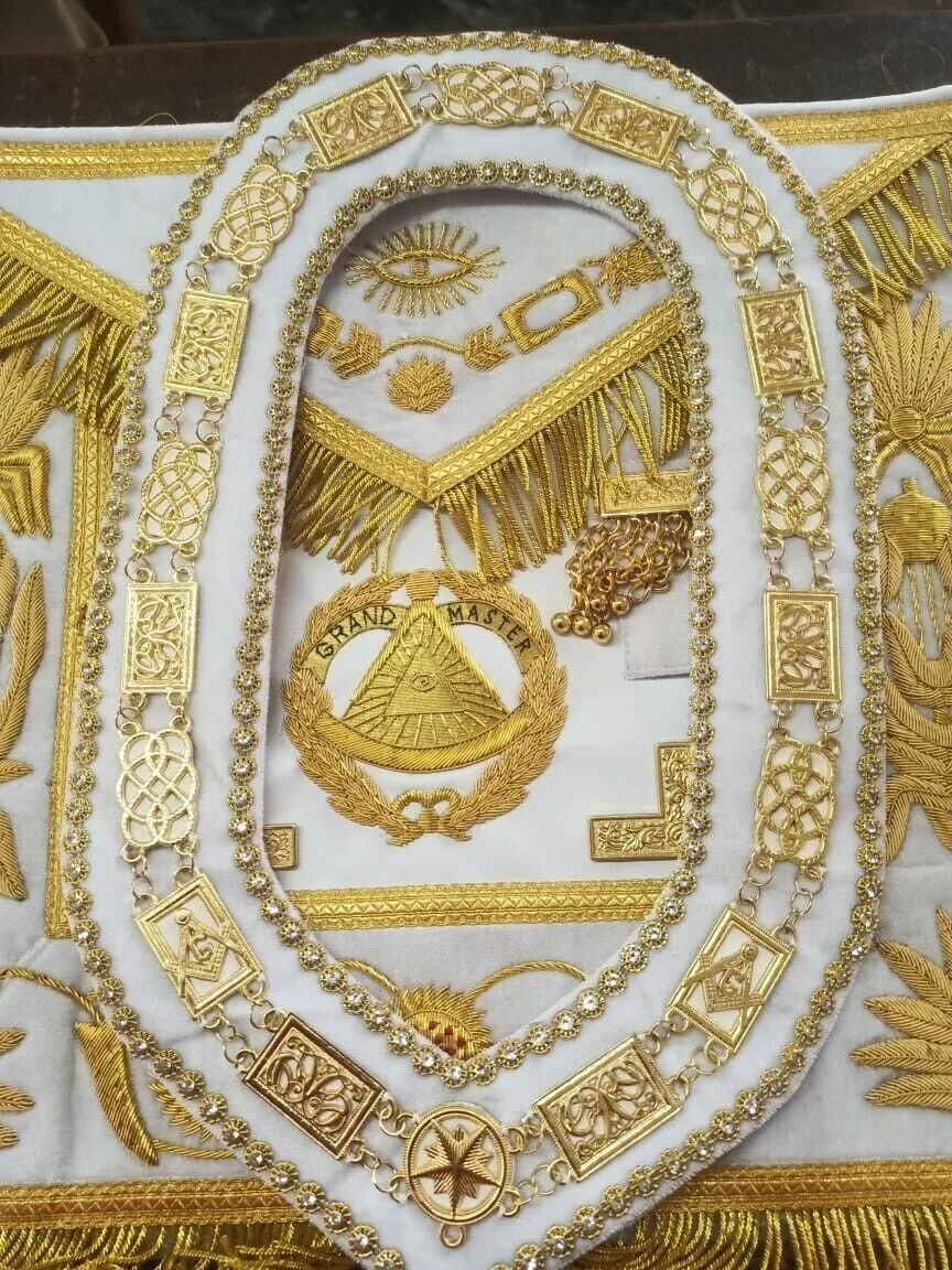 Masonic Grand Master Apron & Chain Collar Handmade Gold Bullion White Velvet Masonic Grand Master Apron & Chain Collar Handmade Gold Bullion White Velvet