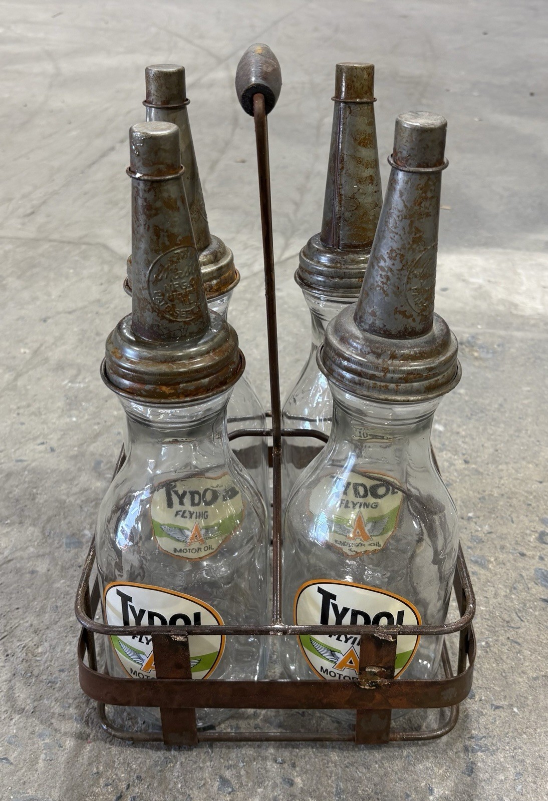 Set of (4) TYDOL Flying “A” Motor Oil Bottles w/ 4-Bottle Metal Bottle Carrier