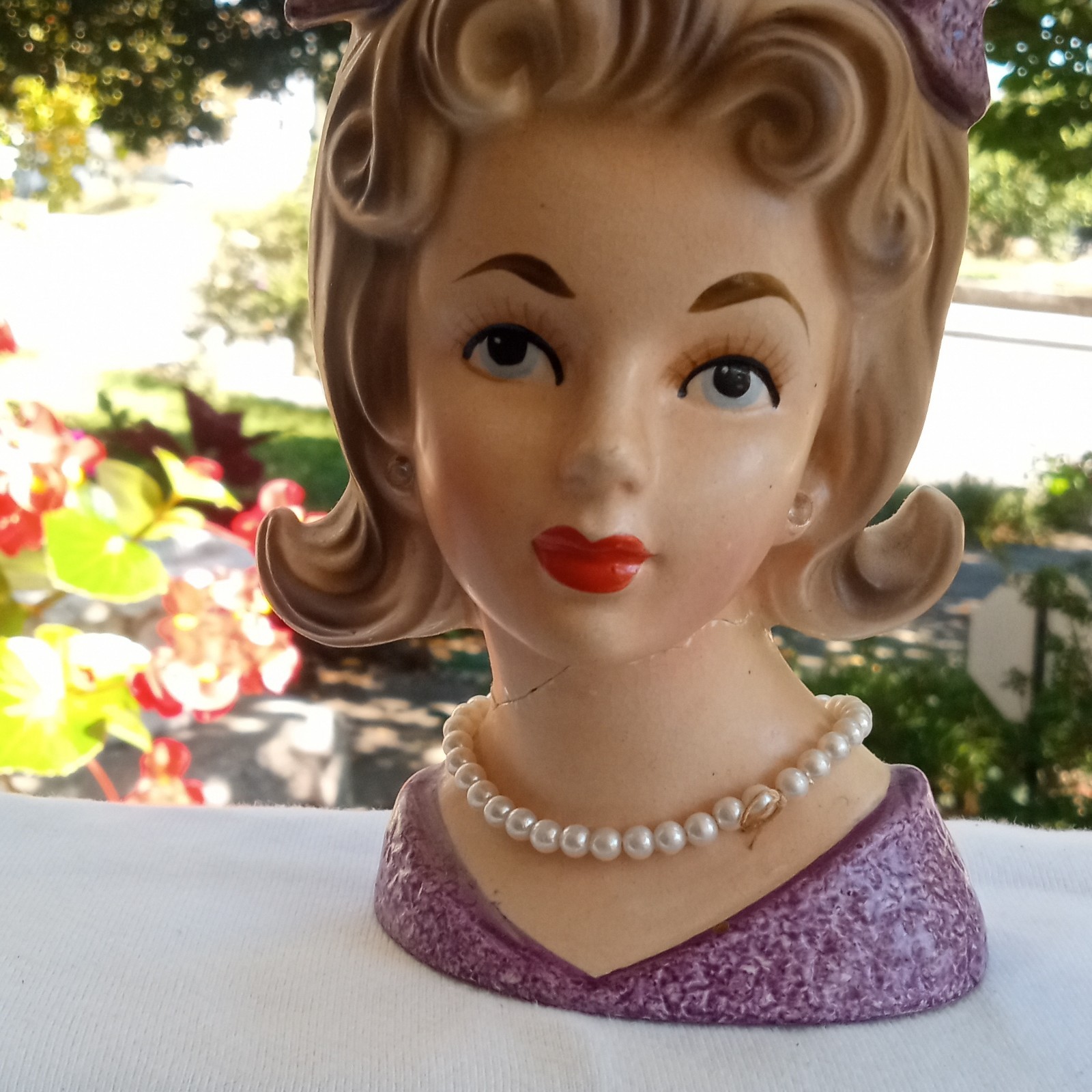 Vintage 1950s Lady Head Ceramic Planter Purple Hat Pearl Necklace Relpo Read Vintage 1950s Lady Head Ceramic Planter Purple Hat Pearl Necklace Relpo Read