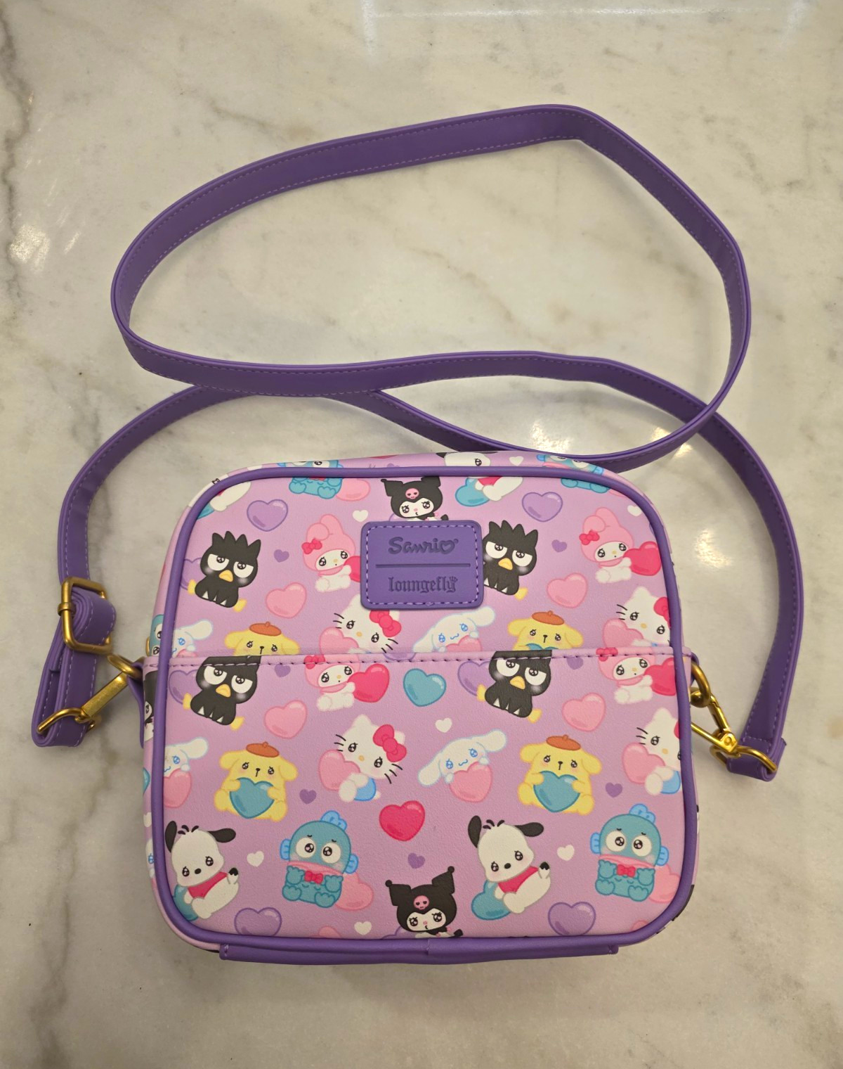Loungefly Sanrio All-Over Print Small Purple Multicolor Crossbody Bag