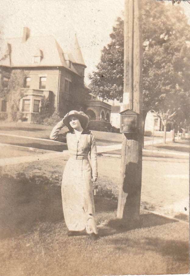 Antique Photo Edwardian Woman Police Call Box Utility Pole Victorian House USA Antique Photo Edwardian Woman Police Call Box Utility Pole Victorian House USA