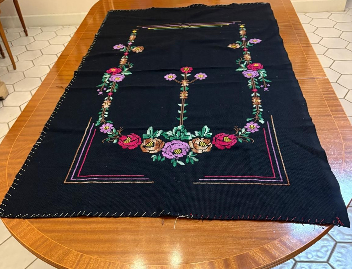 Vintage Handmade Cross stich floral design table cloth/ wall panel 50'' by 28'' Vintage Handmade Cross stich floral design table cloth/ wall panel 50'' by 28''