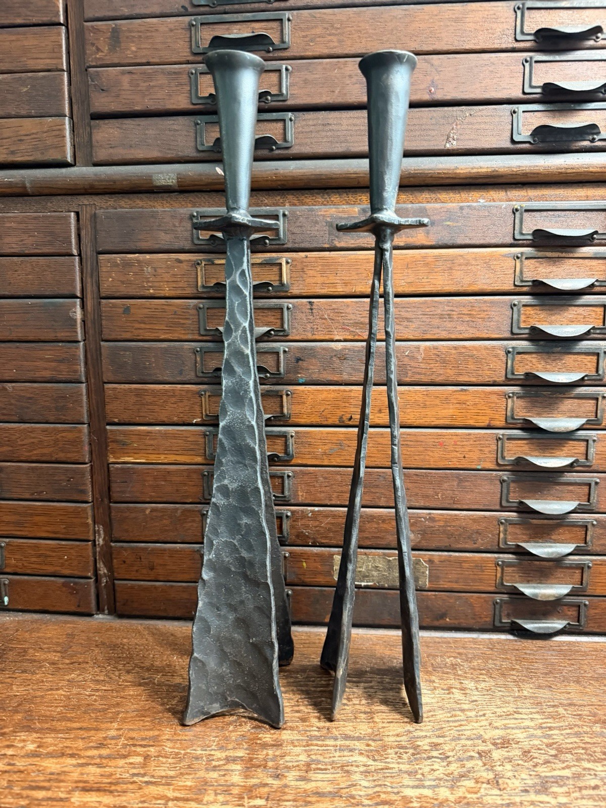 Lot 2: Hand Forged Metal BRUTALIST CANDLE HOLDERS Sticks 16” Tall MCM Vintage Lot 2: Hand Forged Metal BRUTALIST CANDLE HOLDERS Sticks 16” Tall MCM Vintage