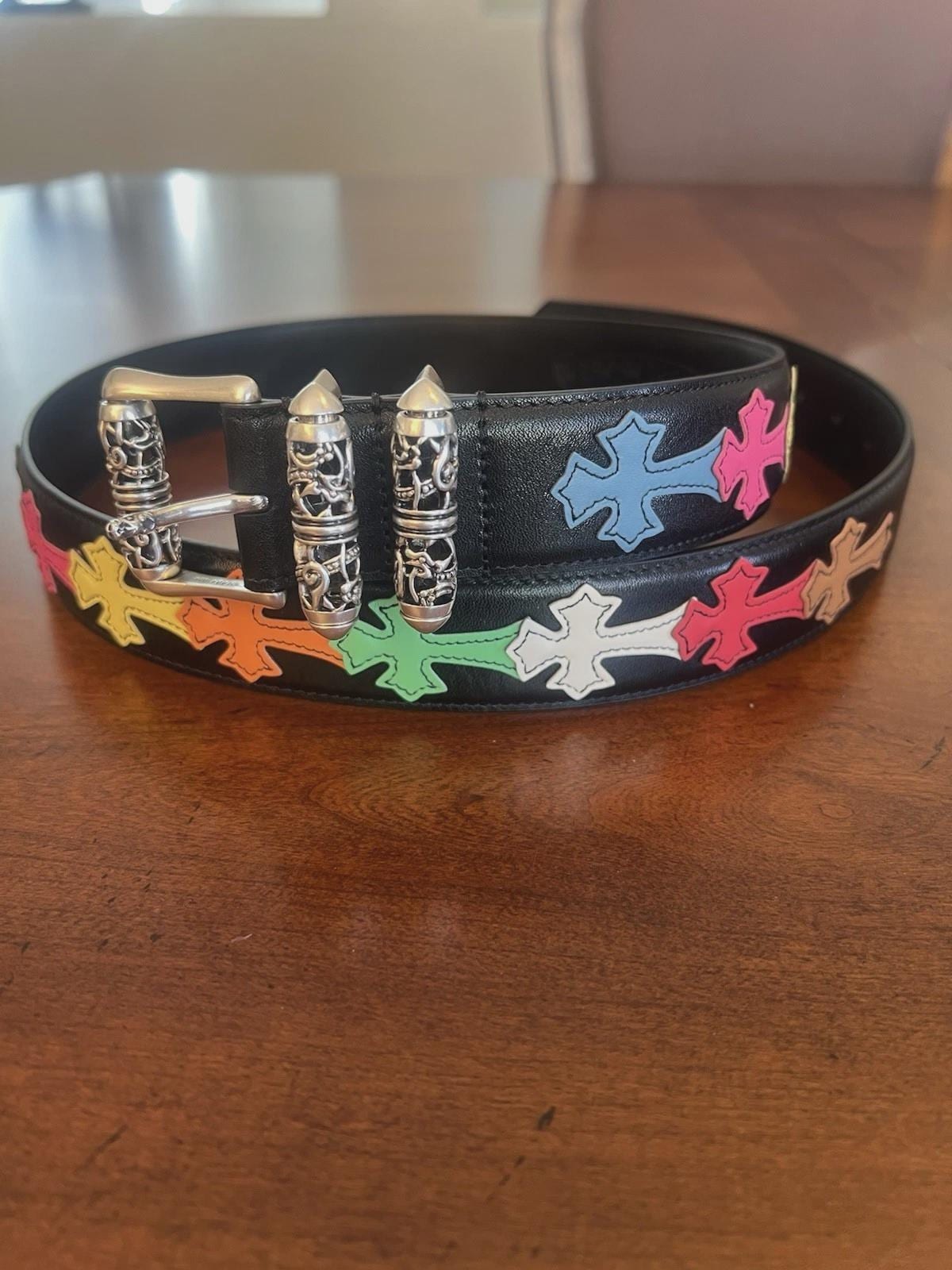 Chrome Hearts Multi Color Cross Patch Roller Belt In Black 34-36” Waist size 38 Chrome Hearts Multi Color Cross Patch Roller Belt In Black 34-36” Waist size 38