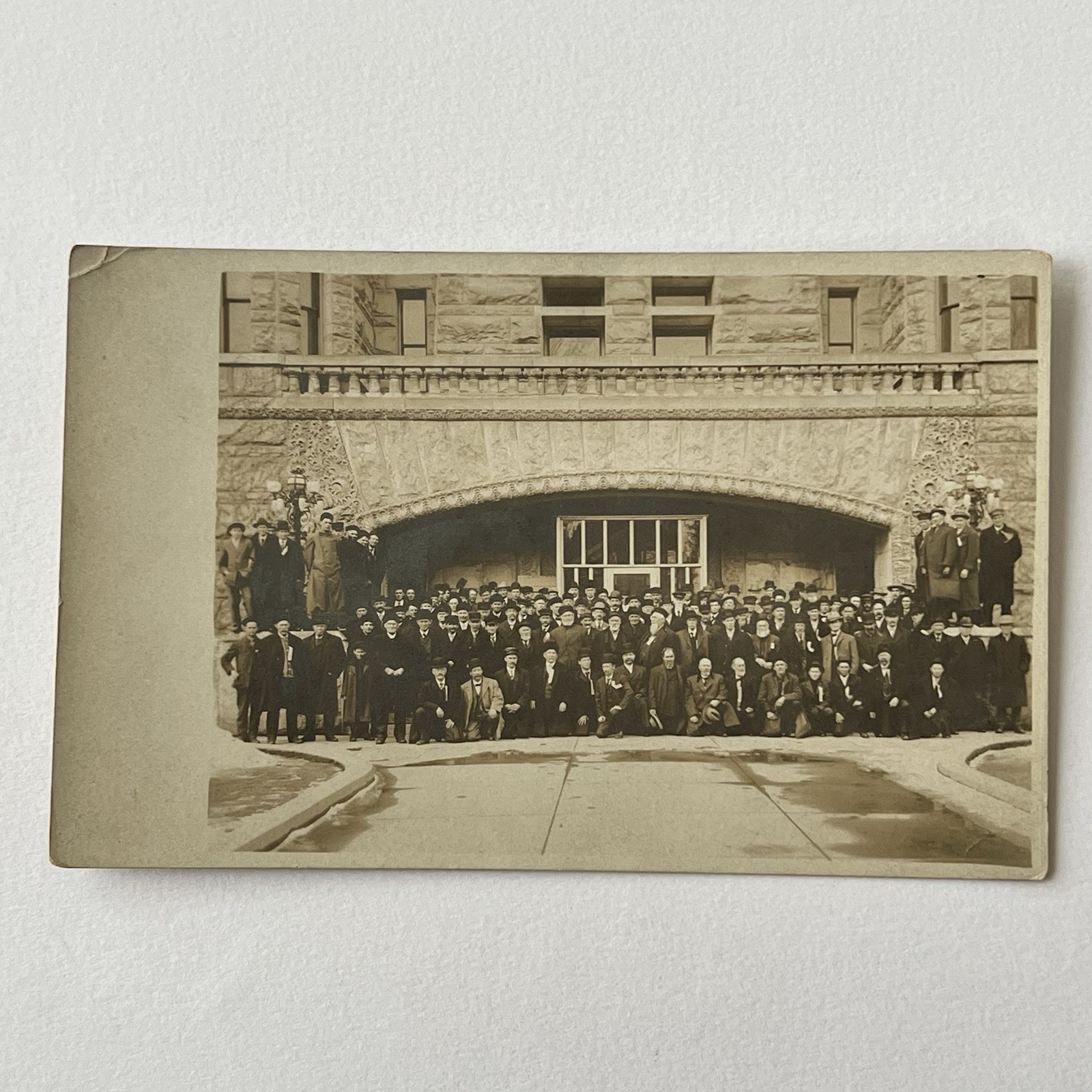 Antique RPPC Photograph Postcard Very Large Group Men Beautiful Building Antique RPPC Photograph Postcard Very Large Group Men Beautiful Building