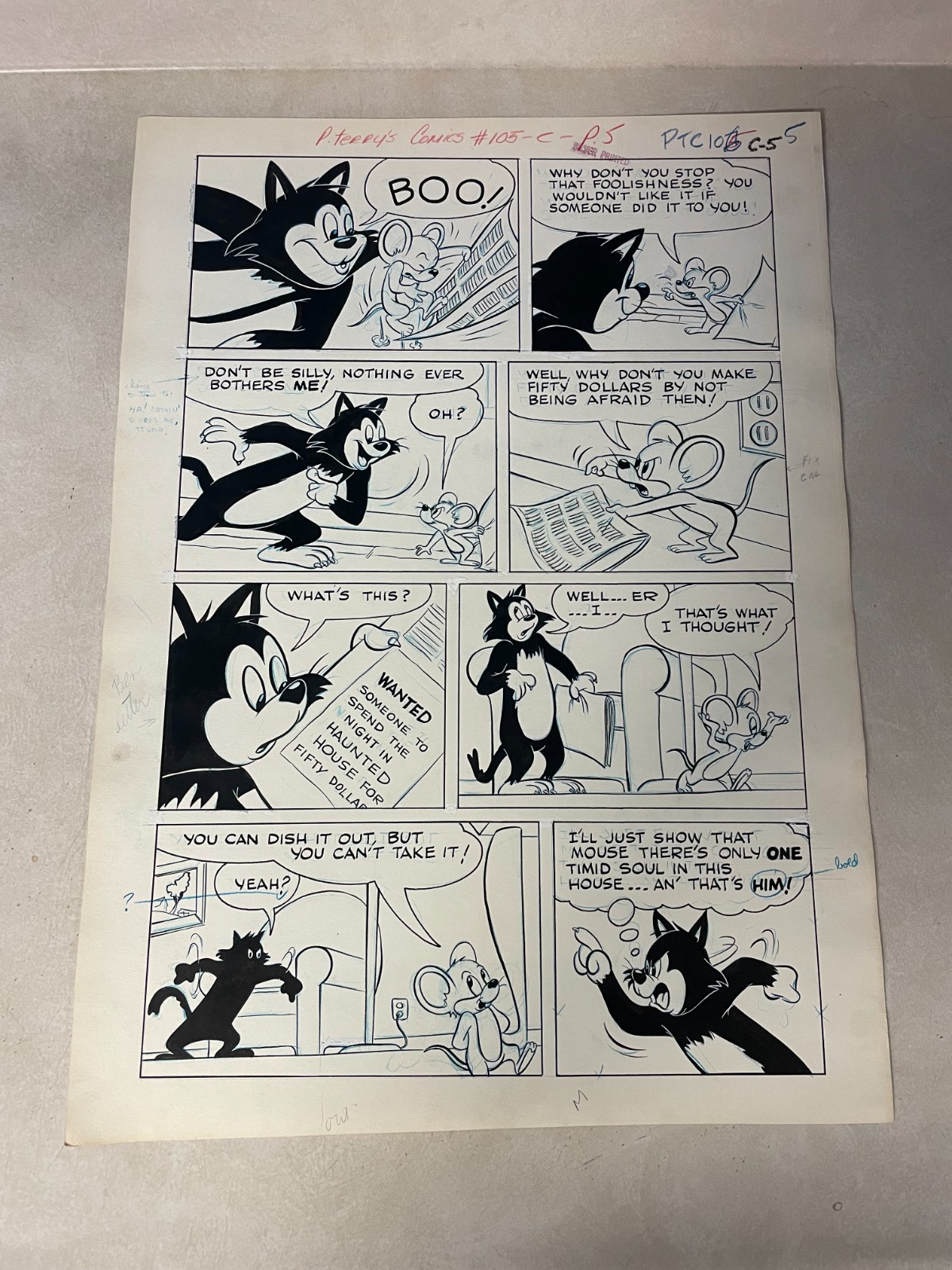 PAUL TERRY'S #105 original comic art LITTLE ROQUEFORT PERCY haunted house 1953