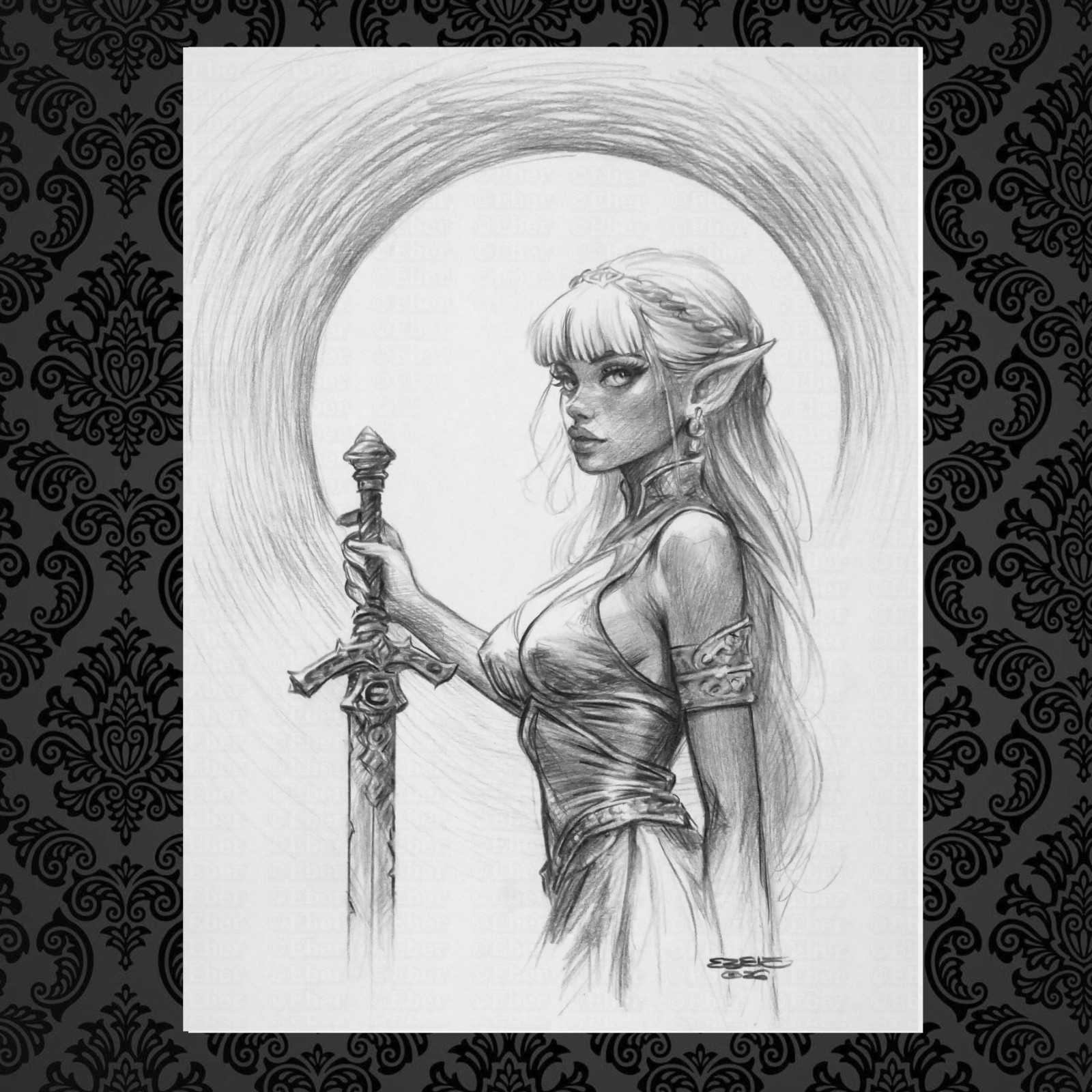 Original Drawing- Pretty girl - "Elf Warrior"  - Signed Fantasy Girl ARTwork