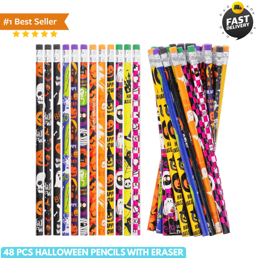 48 Pcs Halloween Pencils with Eraser, Halloween Wood Pencils Bulk for Halloween