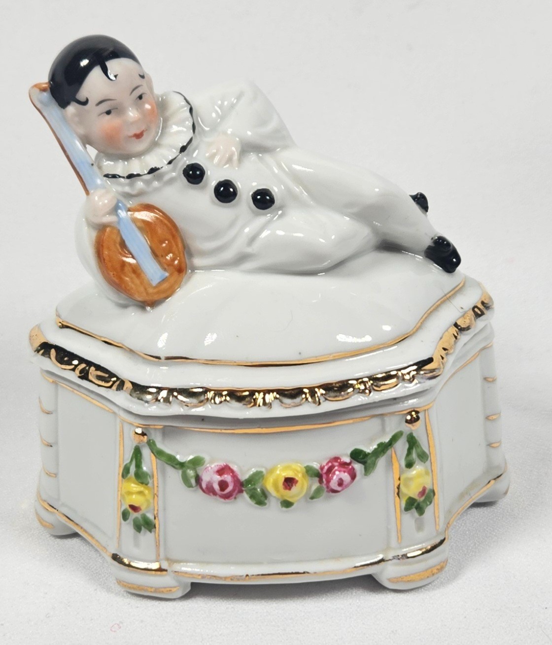 Antique Mandolin Pierrot Clown Vanity Powder Jar Porcelain Hand Painted Germany Antique Mandolin Pierrot Clown Vanity Powder Jar Porcelain Hand Painted Germany