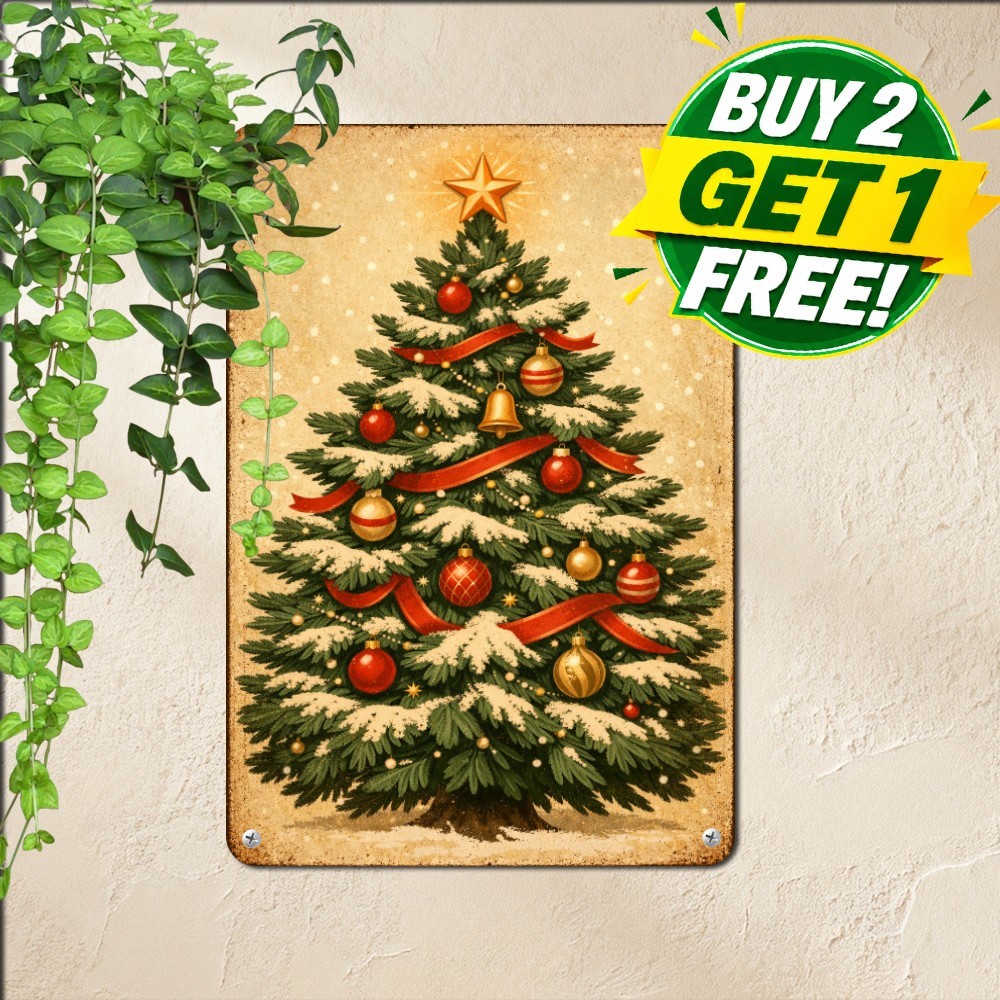 Merry Christmas Holiday Tree Sign Winter Farmhouse Decor Metal Tin Plaque 8x12