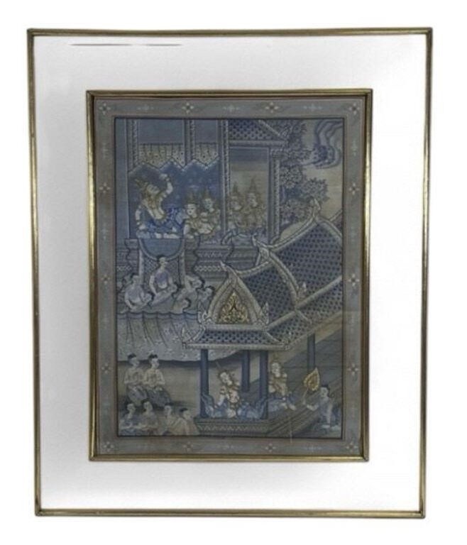 Vintage Thai Silk Painting French Mat Under Glass Thai Culture