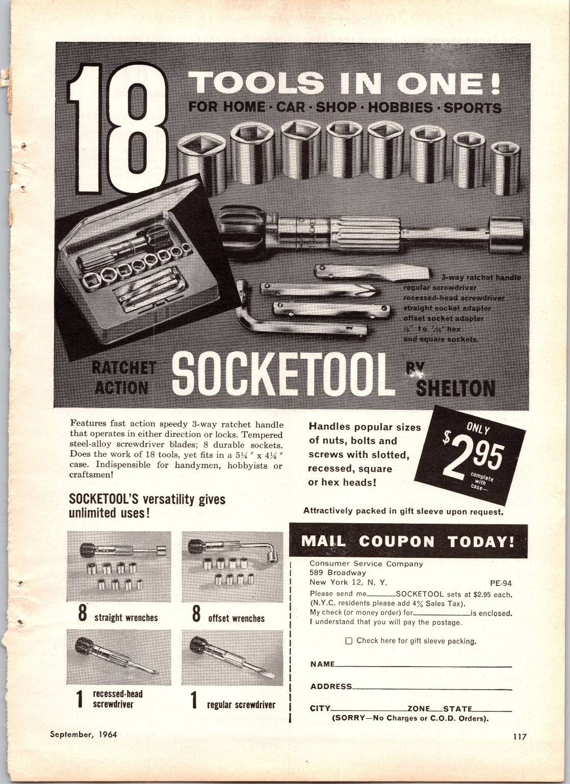 SHELTON SOCKETOOL 18 Tools In One Kit Vintage Original Magazine Ad 1964 B&W SHELTON SOCKETOOL 18 Tools In One Kit Vintage Original Magazine Ad 1964 B&W