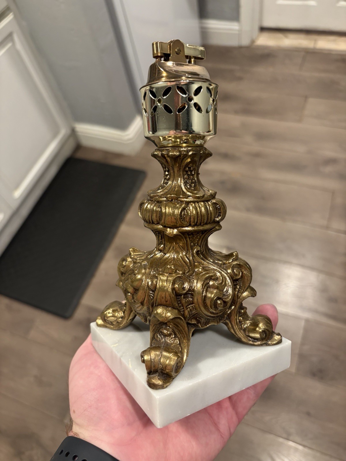 Vintage Italian Brass Table Lighter Marble Base Rococo MCM Hollywood Regency