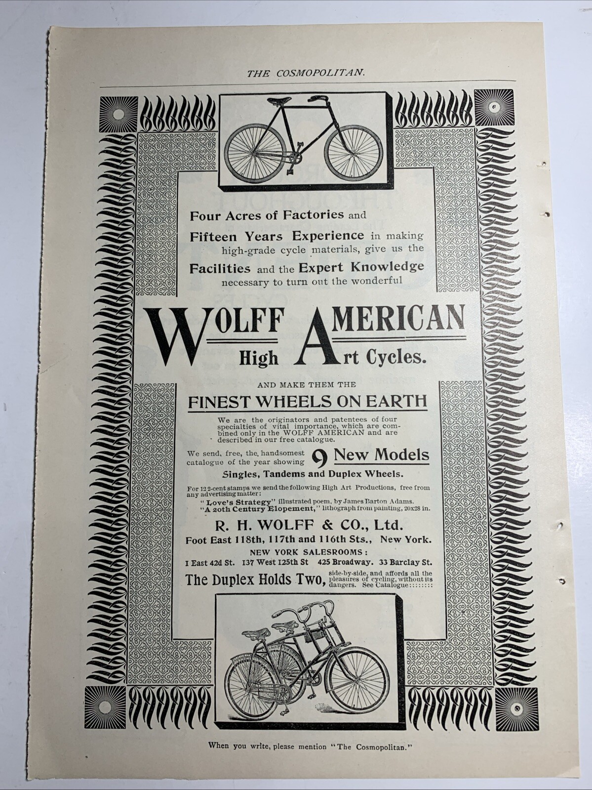 C 1900 Ad Wolff Cycles Bicycles New York Great Graphics C 1900 Ad Wolff Cycles Bicycles New York Great Graphics