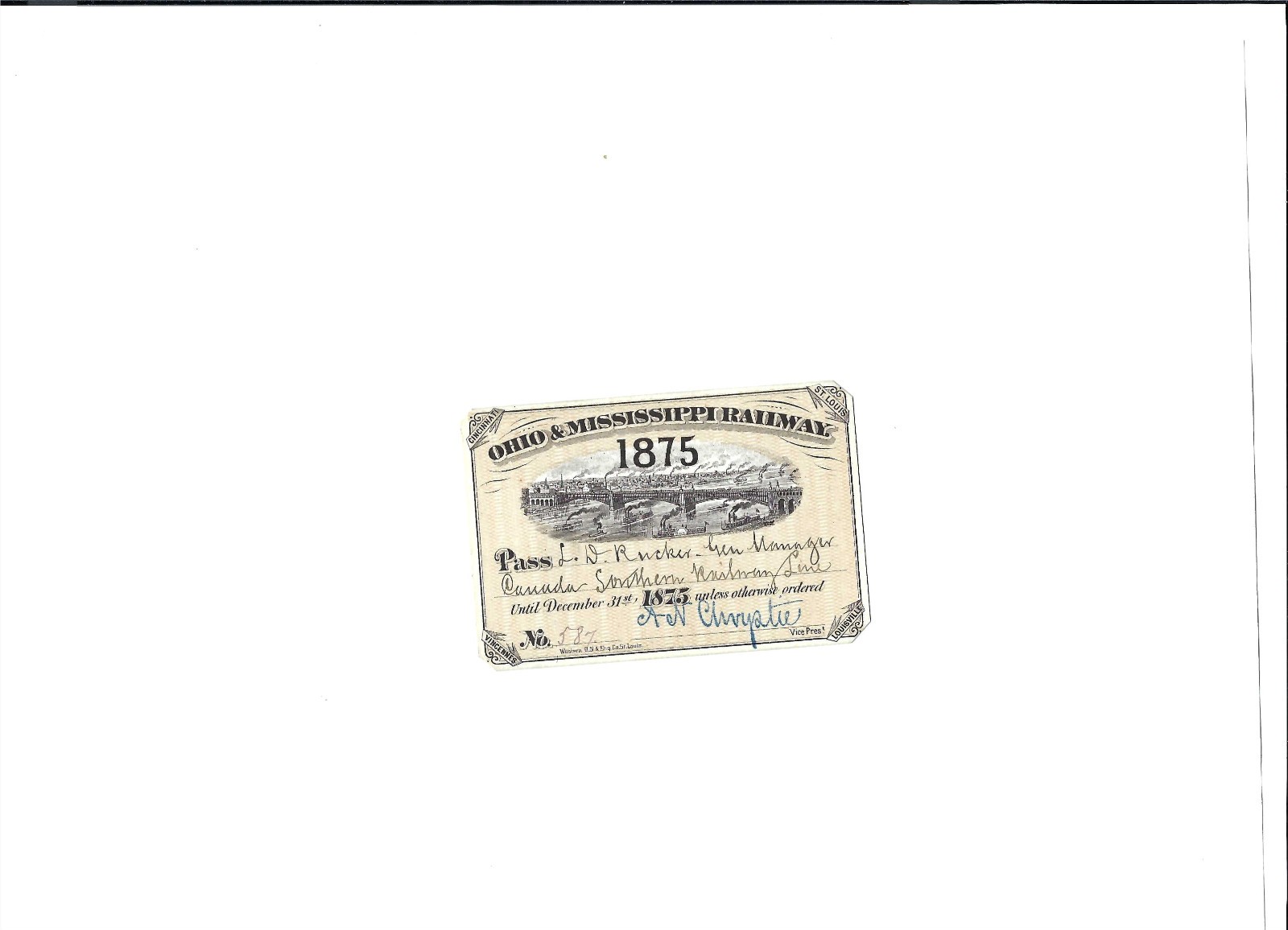 Ohio & Mississipi Railway (Rare, Historical)Pass 1875